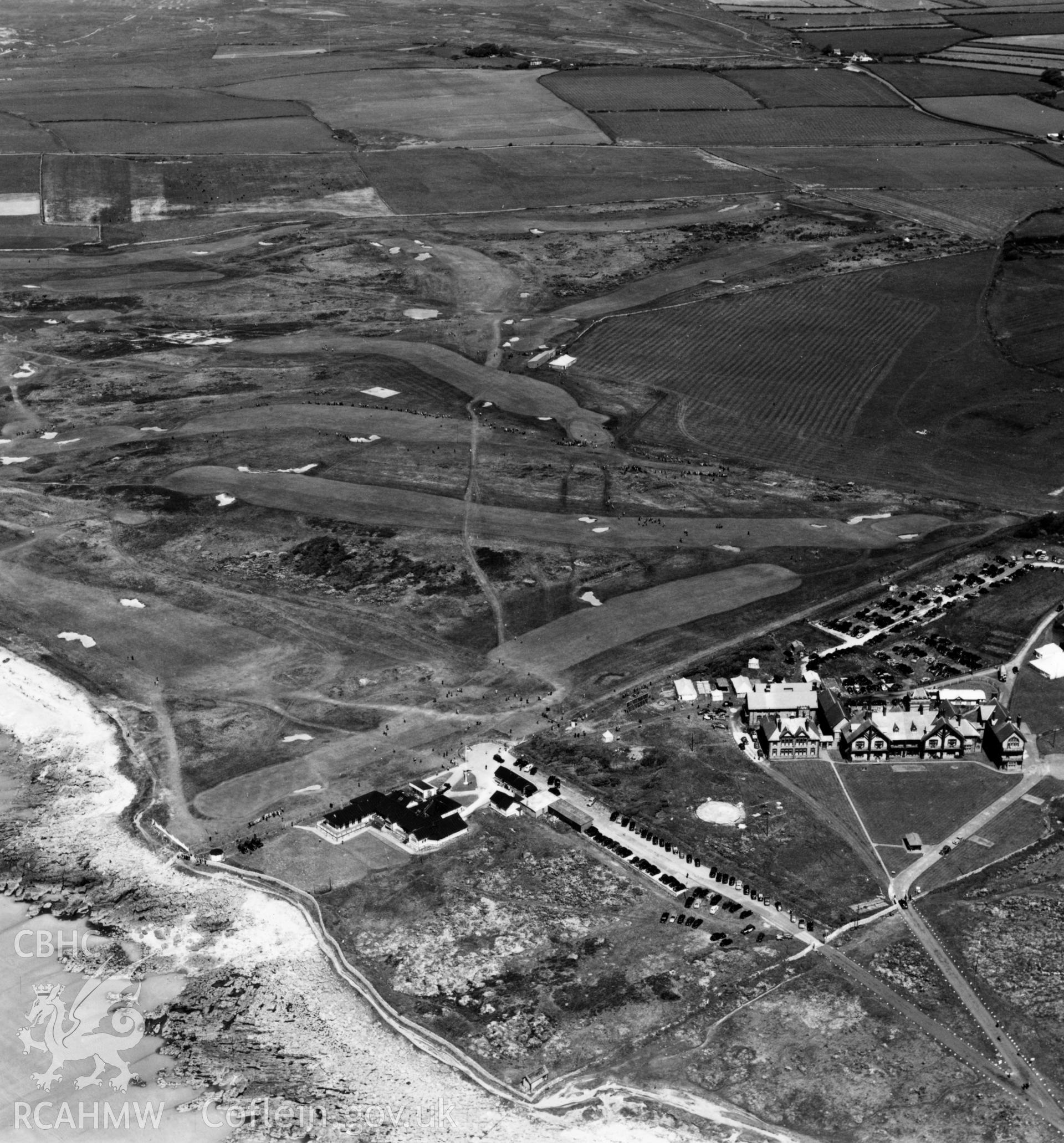 View of Royal Porthcawl golf club. Oblique aerial photograph, 5?" cut roll film.