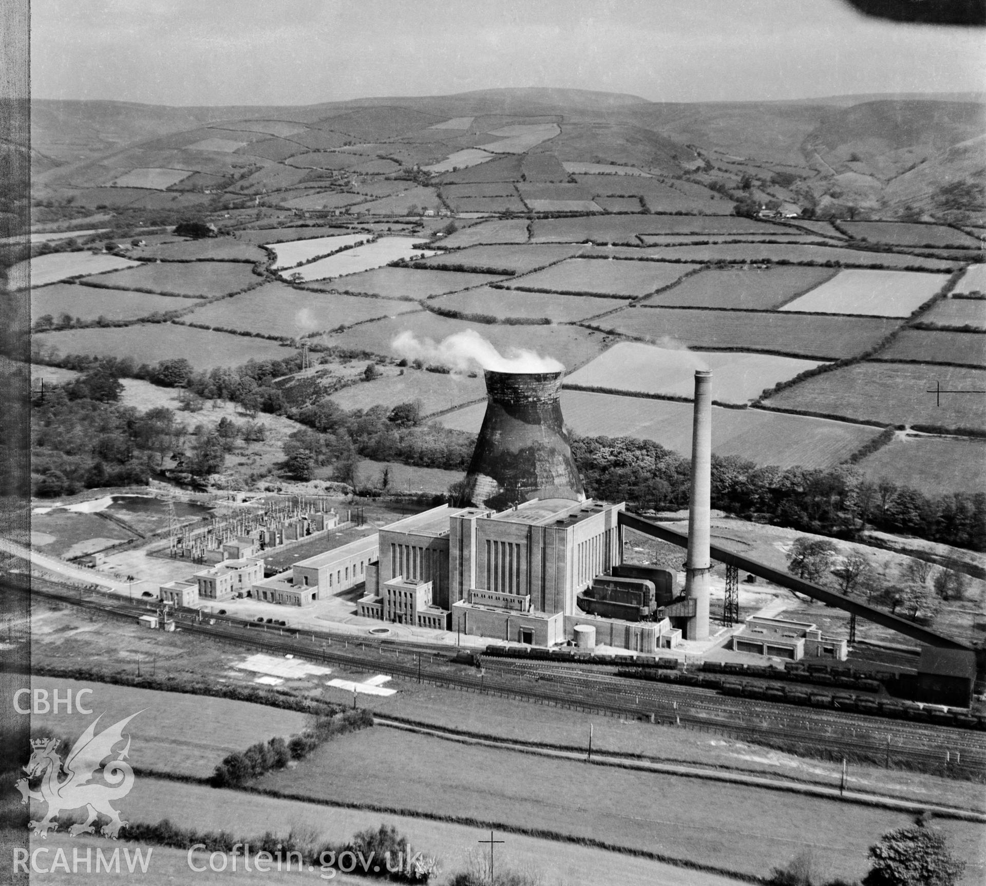 View labelled "South Wales Electric Power Co Bridgend Site", showing Llynfi Valley Power station with camoflaged cooling tower.