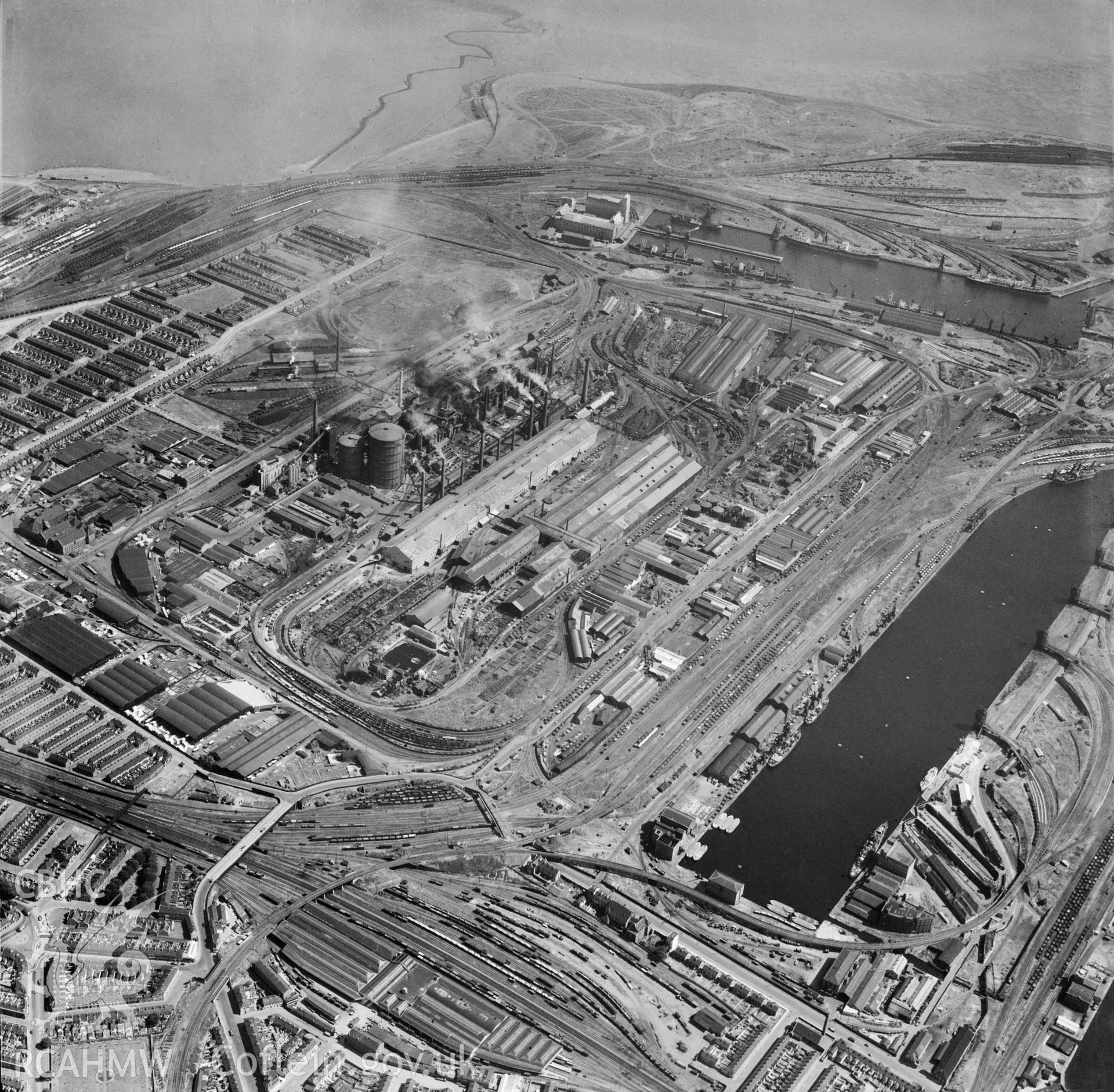 General view of the East Moors area of Cardiff showing Roath and East Bute docks. Oblique aerial photograph, 5?" cut roll film.
