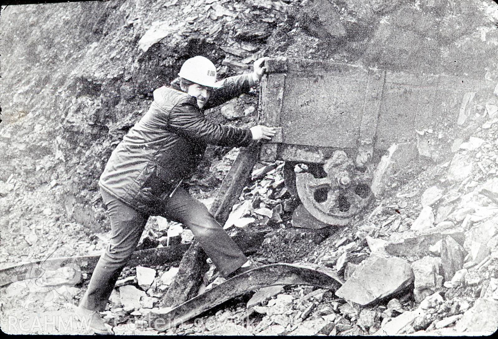 Digital photograph showing man with old dram at Blaenavon colliery opencast, taken c1985
