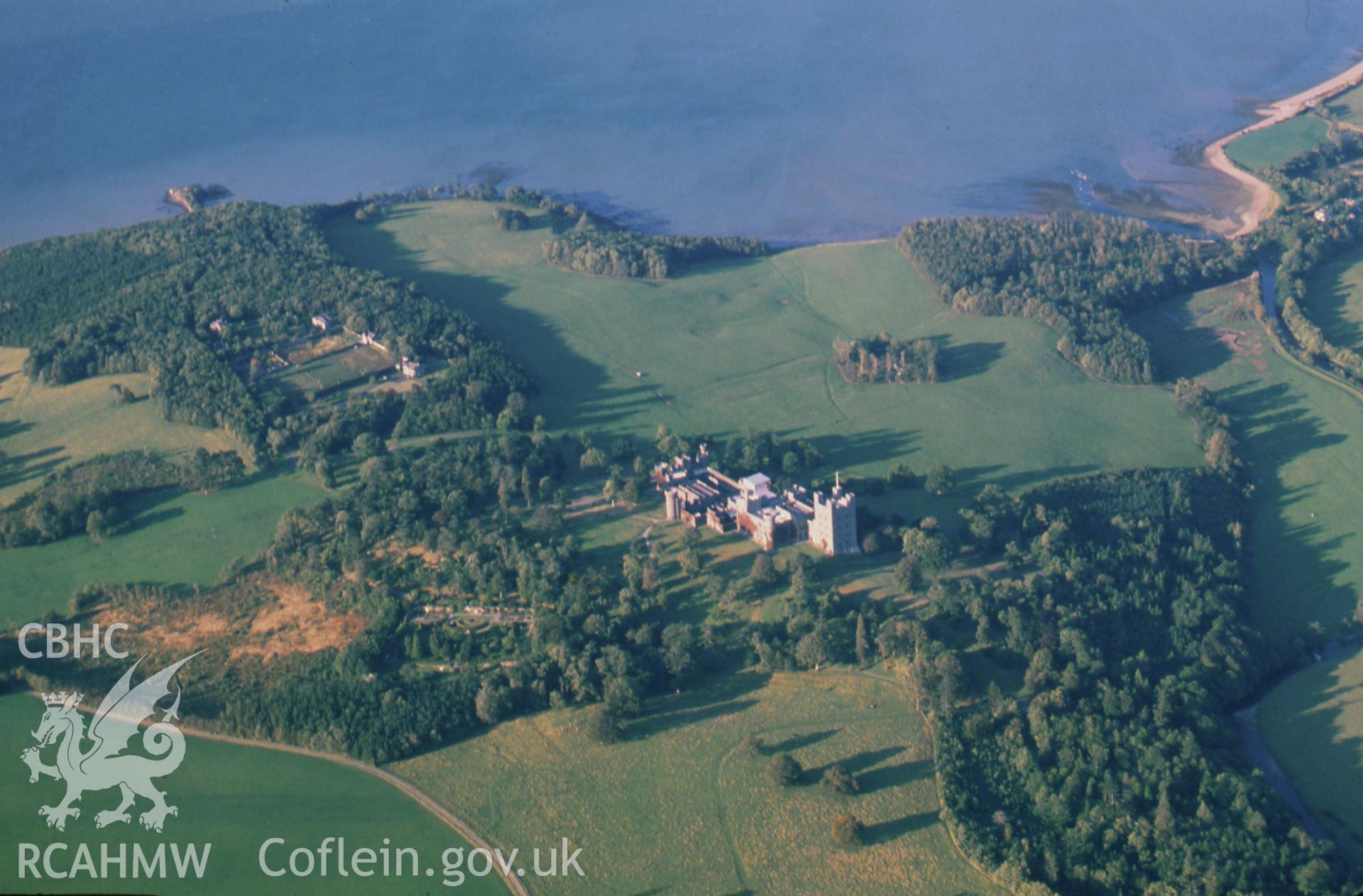 Slide of RCAHMW colour oblique aerial photograph of Penrhyn Castle, Bangor, taken by C.R. Musson, 5/8/1988.