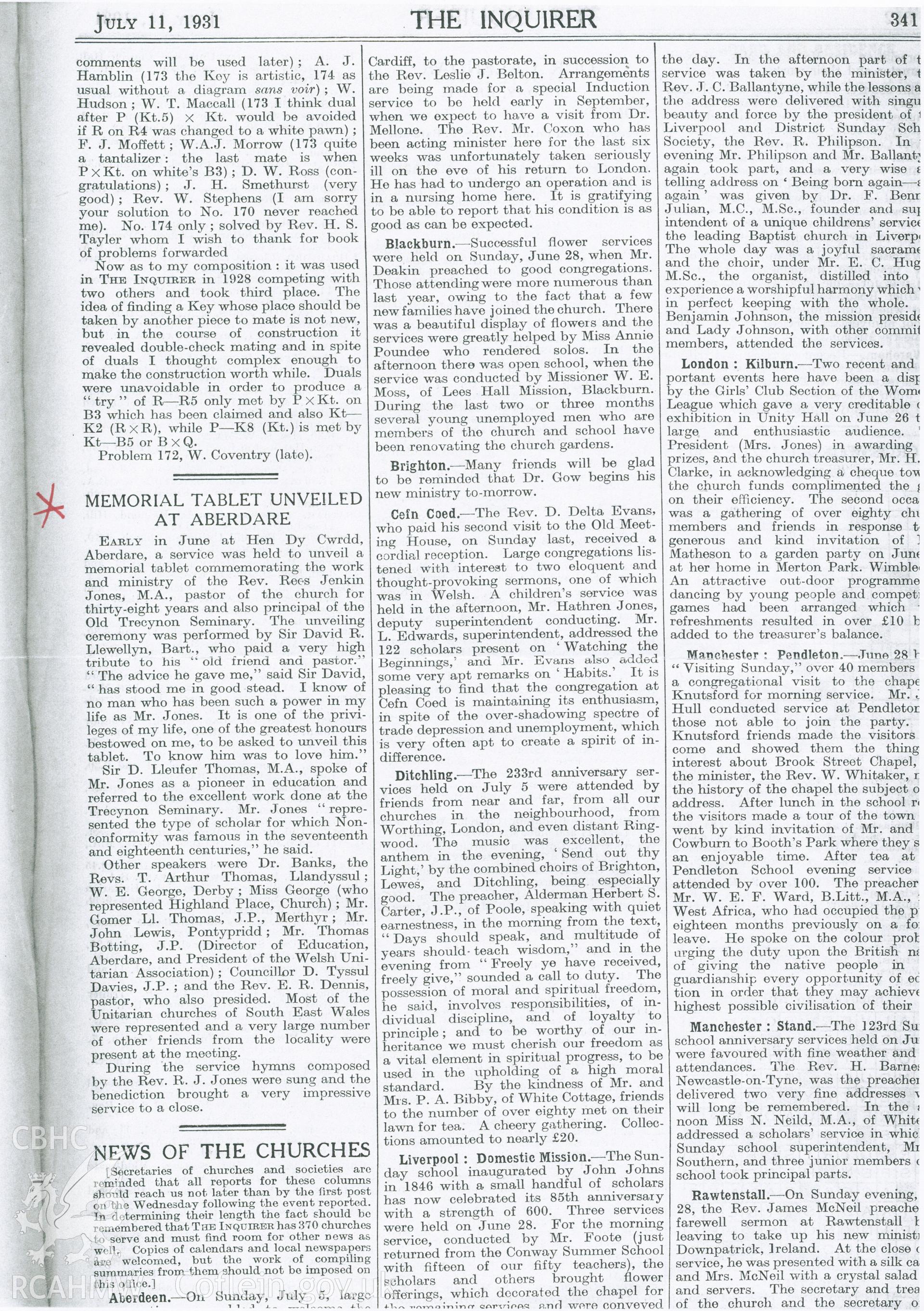 Copy of 'the Inquirer' 11th July 1931. Highlighted article reports on the unveiling of a memorial at Hen Dy Cwrdd to commemorate the work and ministry of the Rev. Rees Jenkin Jones, M.A. Donated to the RCAHMW during the Digital Dissent Project.