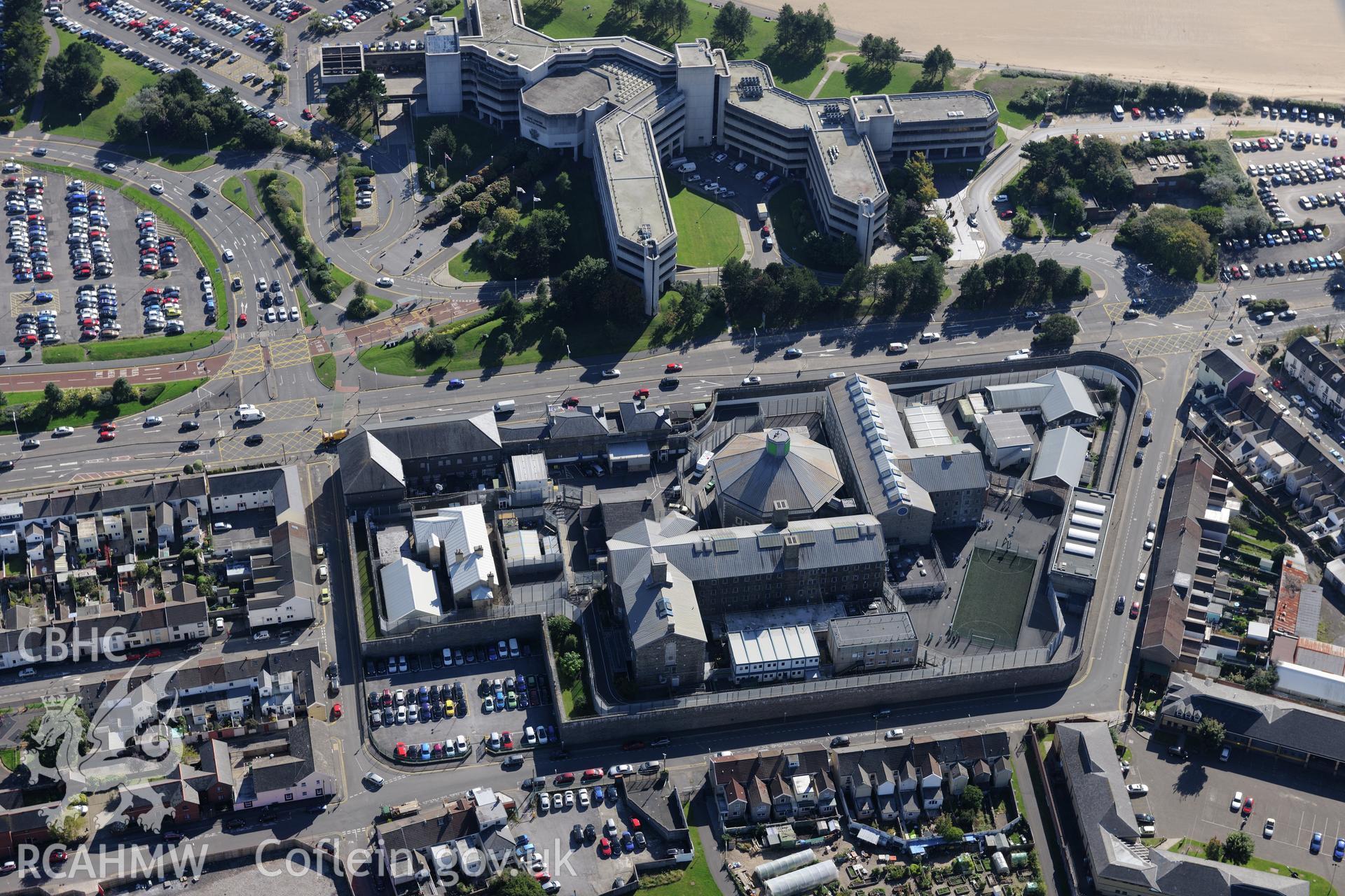 The County Hall and Swansea Prison, Swansea. Oblique aerial photograph taken during the Royal Commission's programme of archaeological aerial reconnaissance by Toby Driver on 30th September 2015.