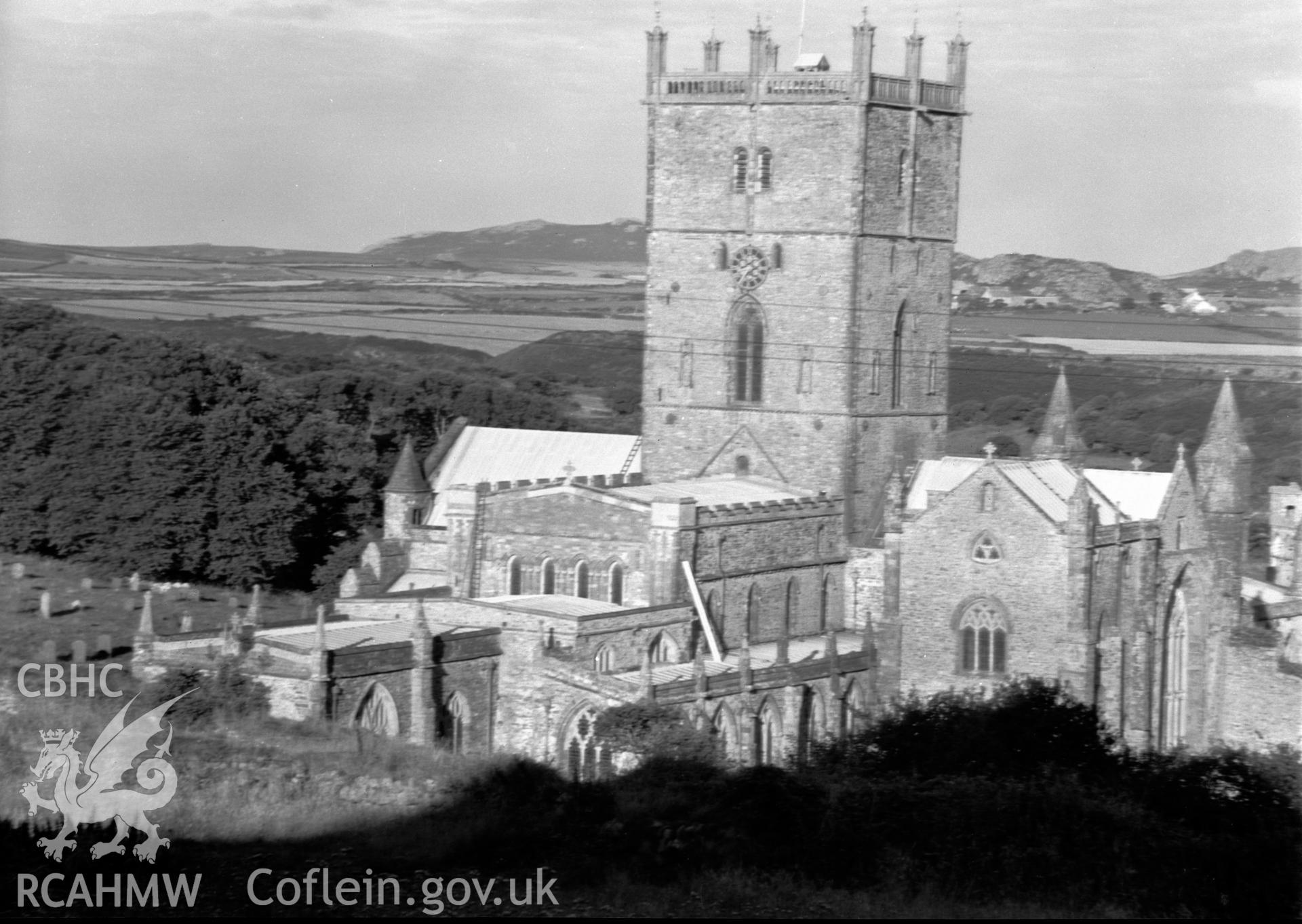 Digital copy of a black and white acetate negative showing exterior view of St. David's Cathedral, taken by E.W. Lovegrove, July 1936.
