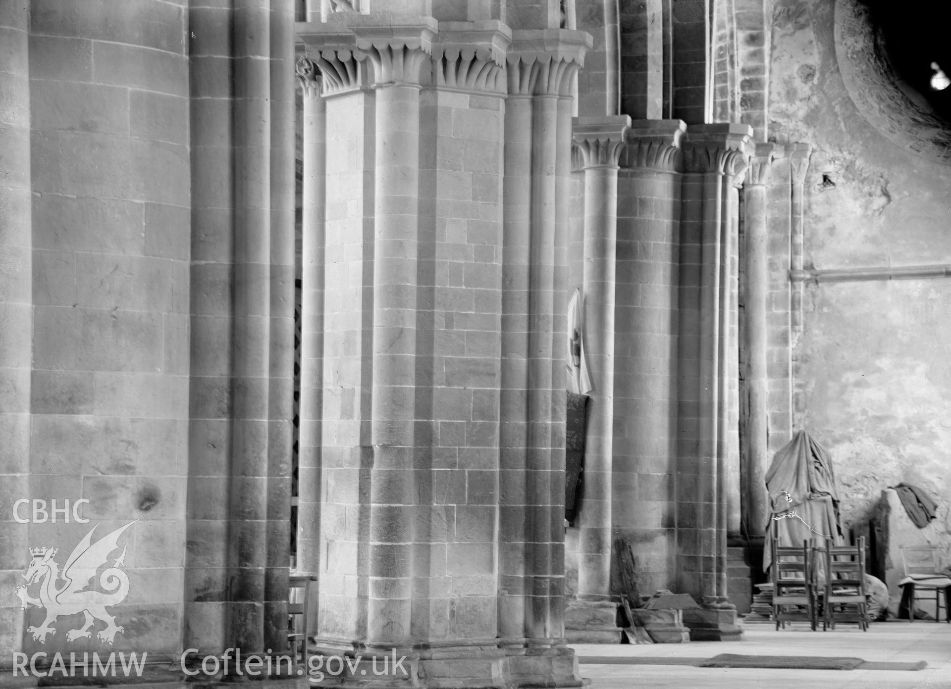 Digital copy of a black and white nitrate negative showing view of clustered columns.at St. David's Cathedral, taken by E.W. Lovegrove, July 1936.