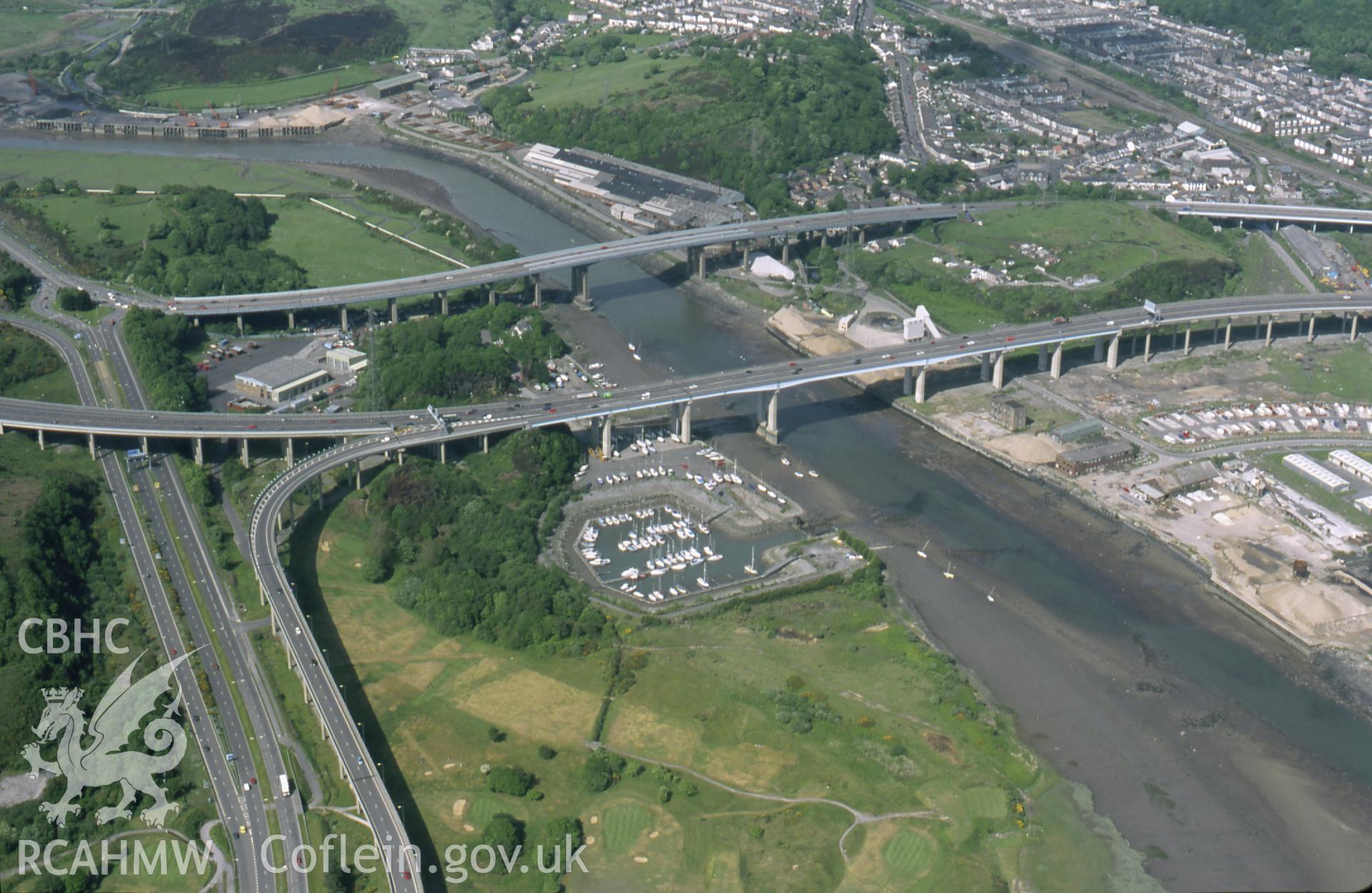 Slide of RCAHMW colour oblique aerial photograph of Briton Ferry Dock, taken by T.G. Driver, 22/5/2000.