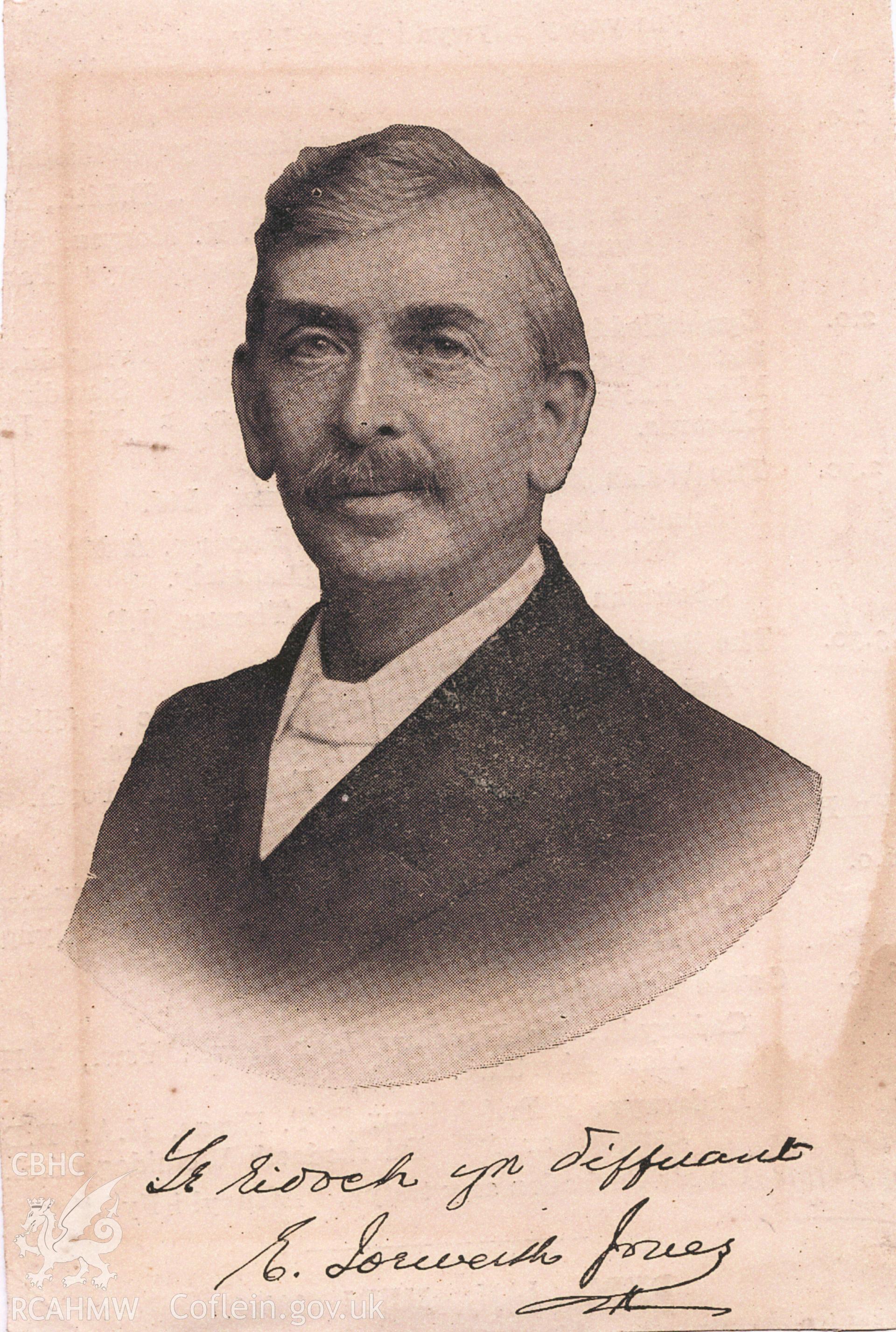 Black and white photograph of E. Iorwerth Jones. Donated to the RCAHMW by Enyd Carroll as part of the Digital Dissent Project.
