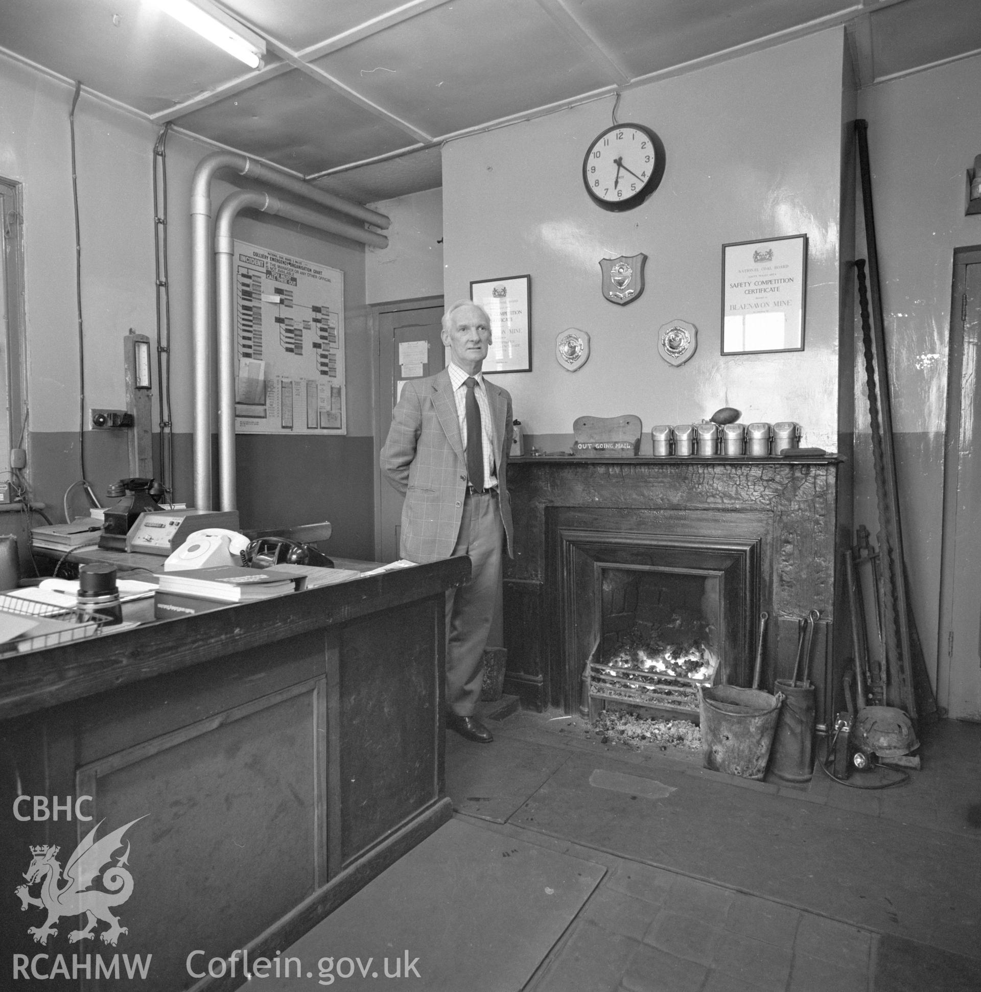 Digital copy of an acetate negative showing last NCB manager Glyn Morgan, at Big Pit,  from the John Cornwell Collection.