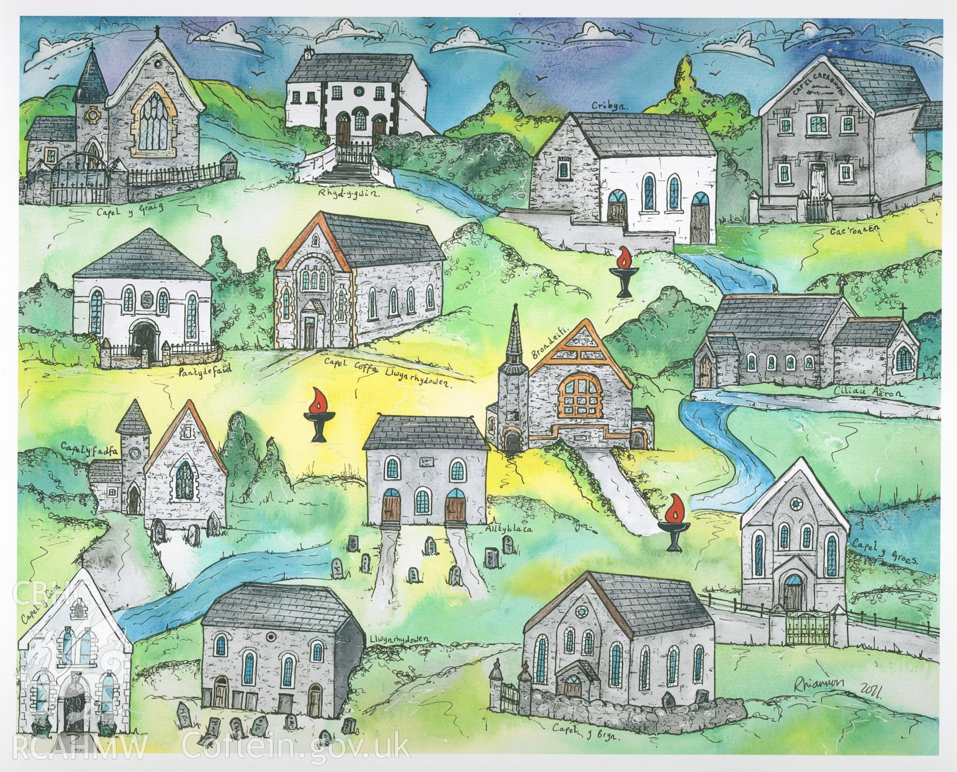 Coloured drawing of the Unitarian Chapels of the 'Smotyn Du'. Donated to the RCAHMW during the Digital Dissent Project.