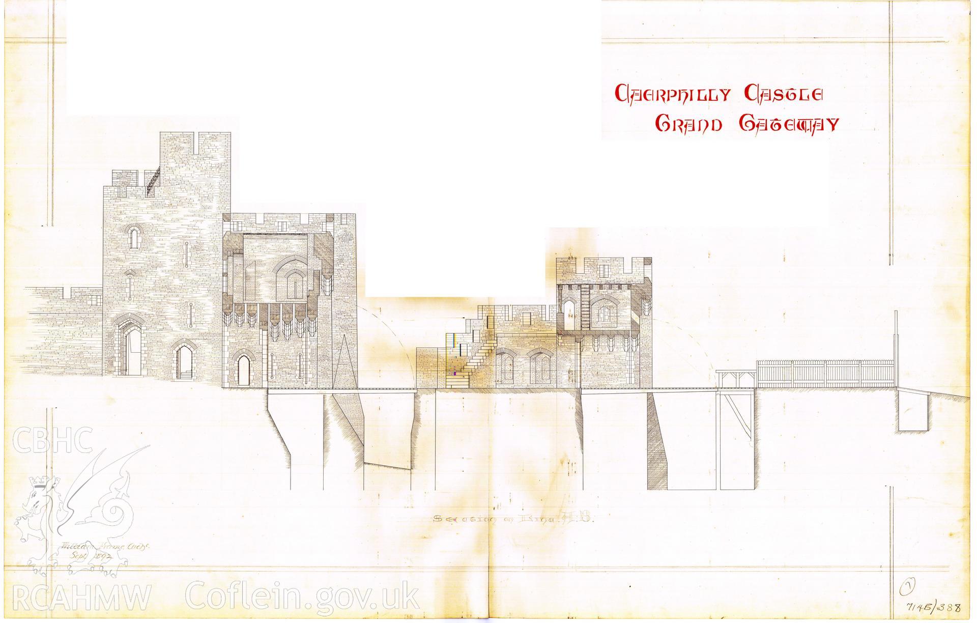 Cadw guardianship monument drawing of Caerphilly Castle. Grand Gateway. Cadw Ref. No:714B/388. Scale 1:96.