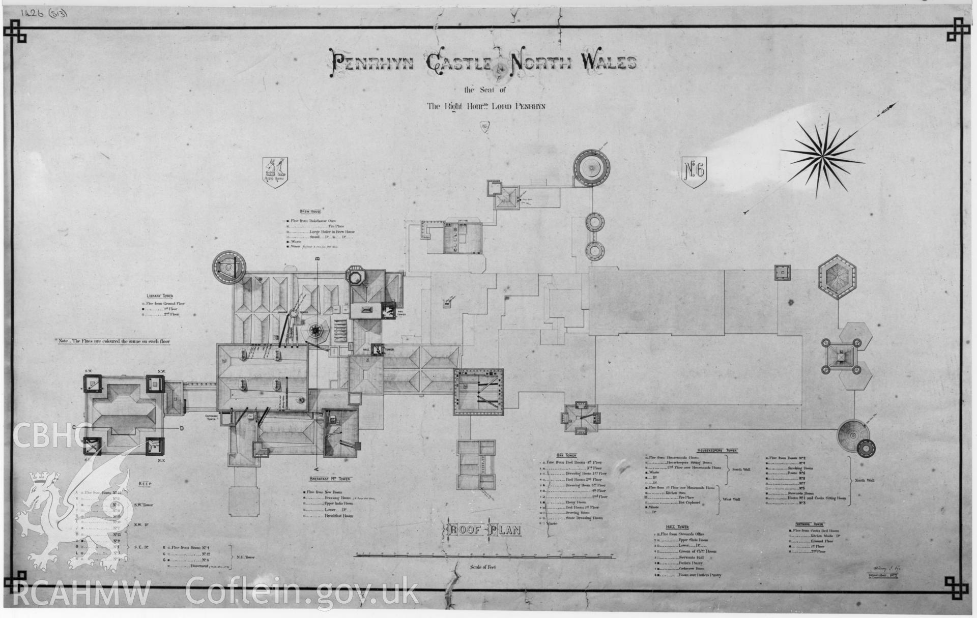 Digital copy of a c.1872 drawing by H. Pye showing roof plan of Penrhyn Castle, Llandegai.