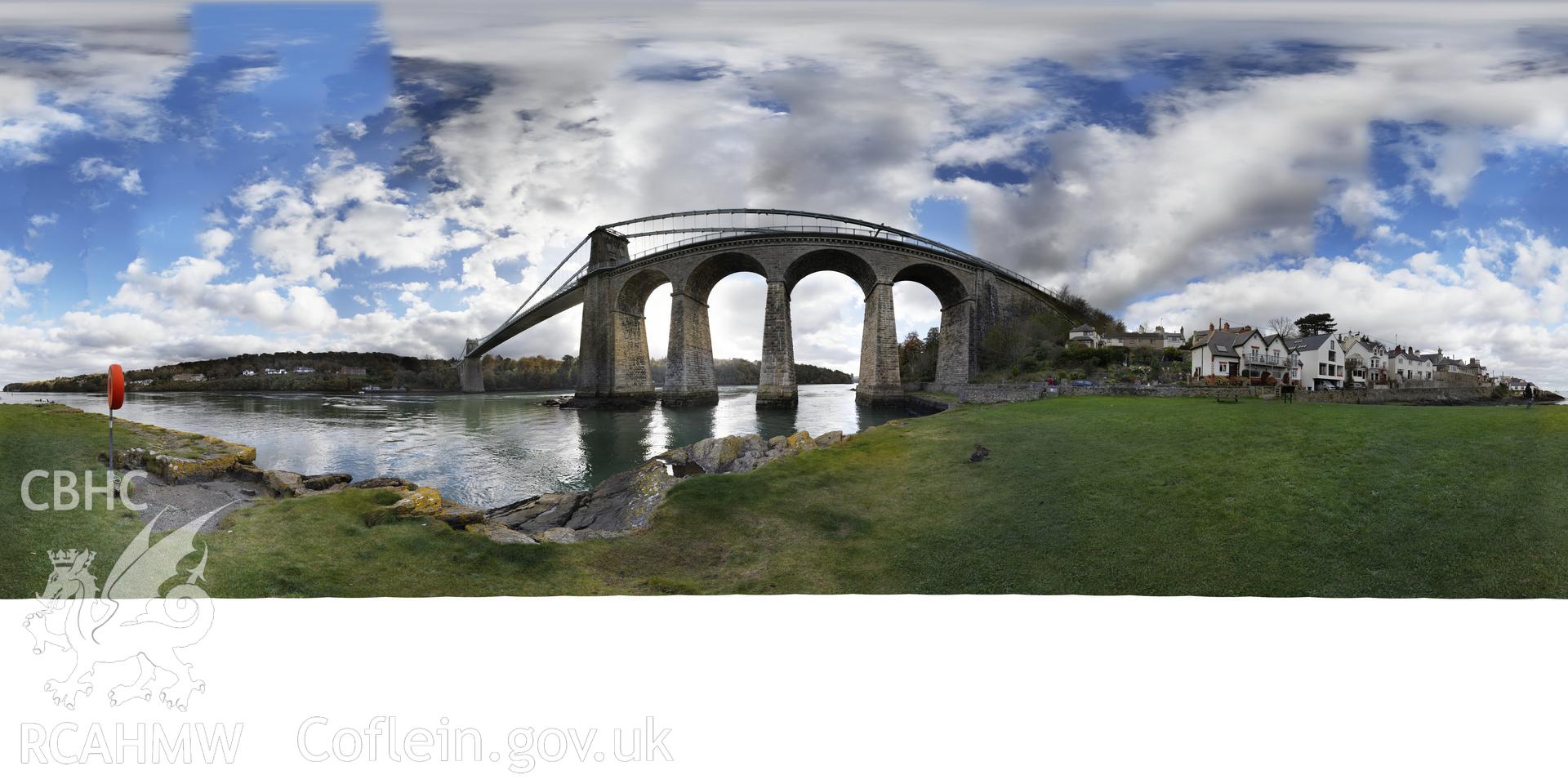 Reduced resolution .tiff file of stitched images from the Menai Bridge gigapan project, carried out by Scott Lloyd and Rita Singer, October 2017. An uncropped image required for panotour.