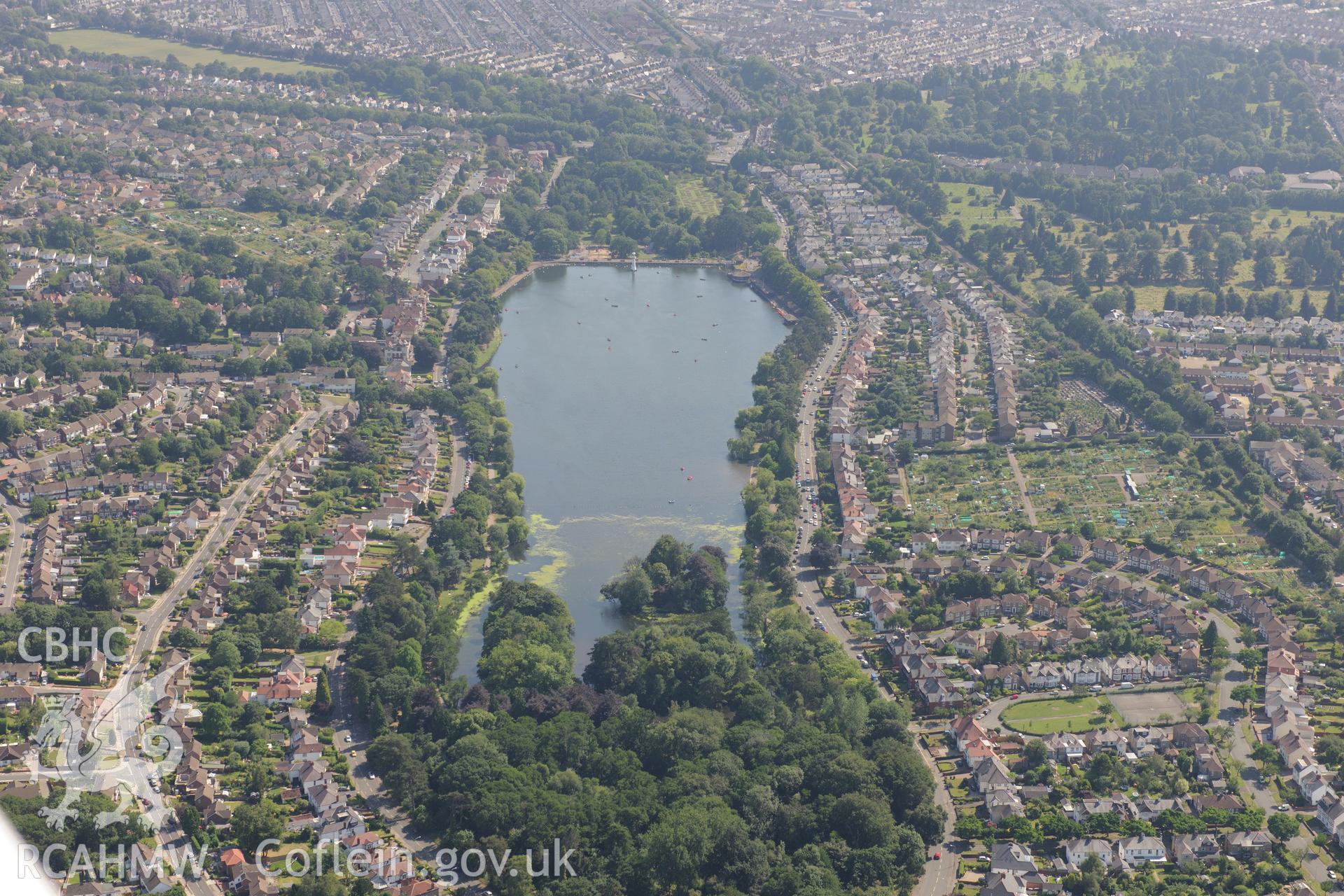 Roath Park, Cardiff. Oblique aerial photograph taken during the Royal Commission?s programme of archaeological aerial reconnaissance by Toby Driver on 1st August 2013.