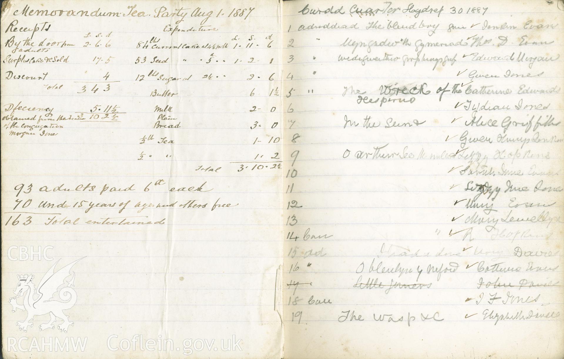 Handwritten tea part accounts dated 1st August 1887. Donated by the Rev. Eric Jones to the RCAHMW as part of the Digital Dissent Project.