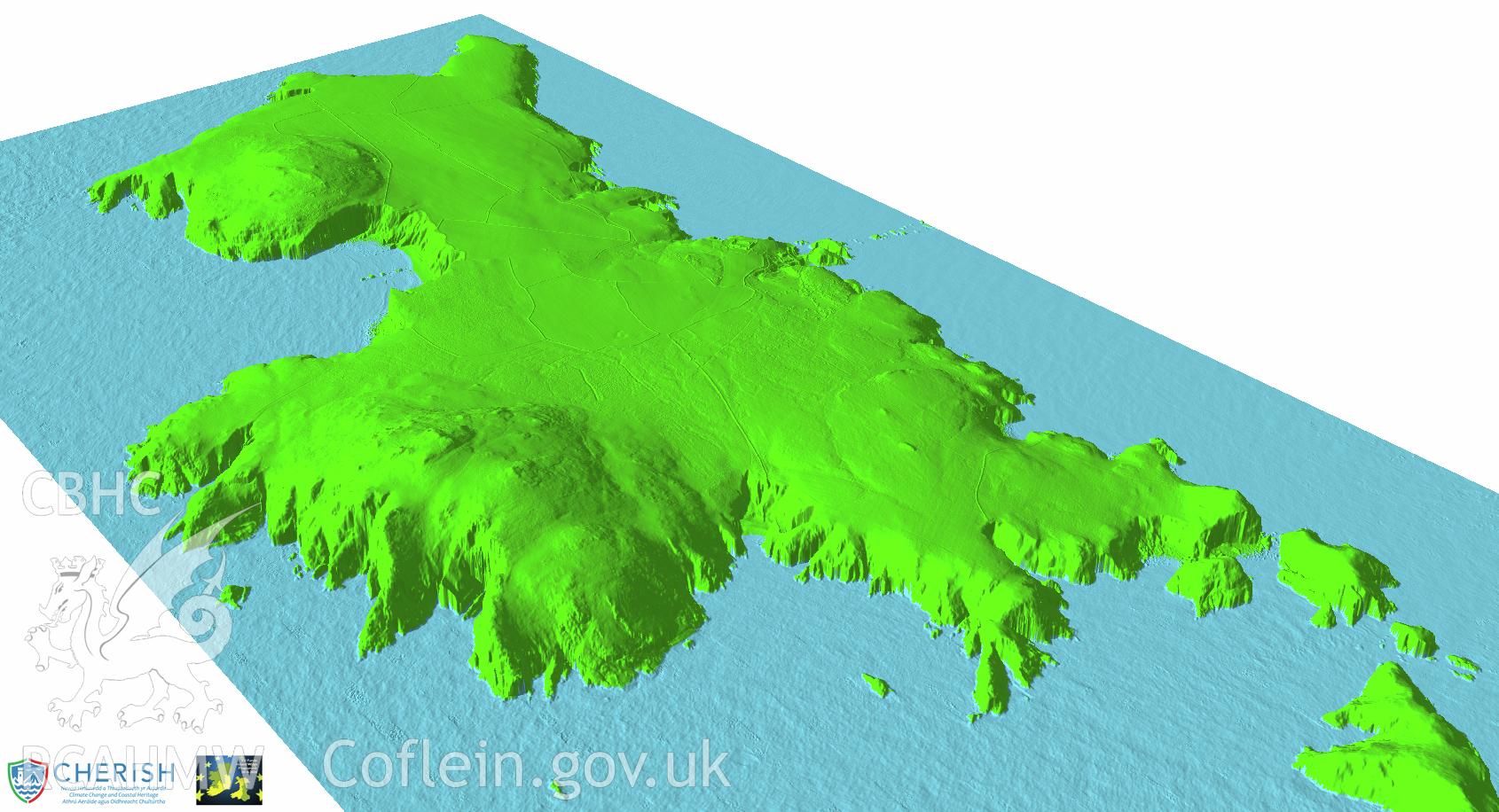 Ramsey Island. Airborne laser scanning (LiDAR) commissioned by the CHERISH Project 2017-2021, flown by Bluesky International LTD at low tide on 24th February 2017. View showing the island from the south-west