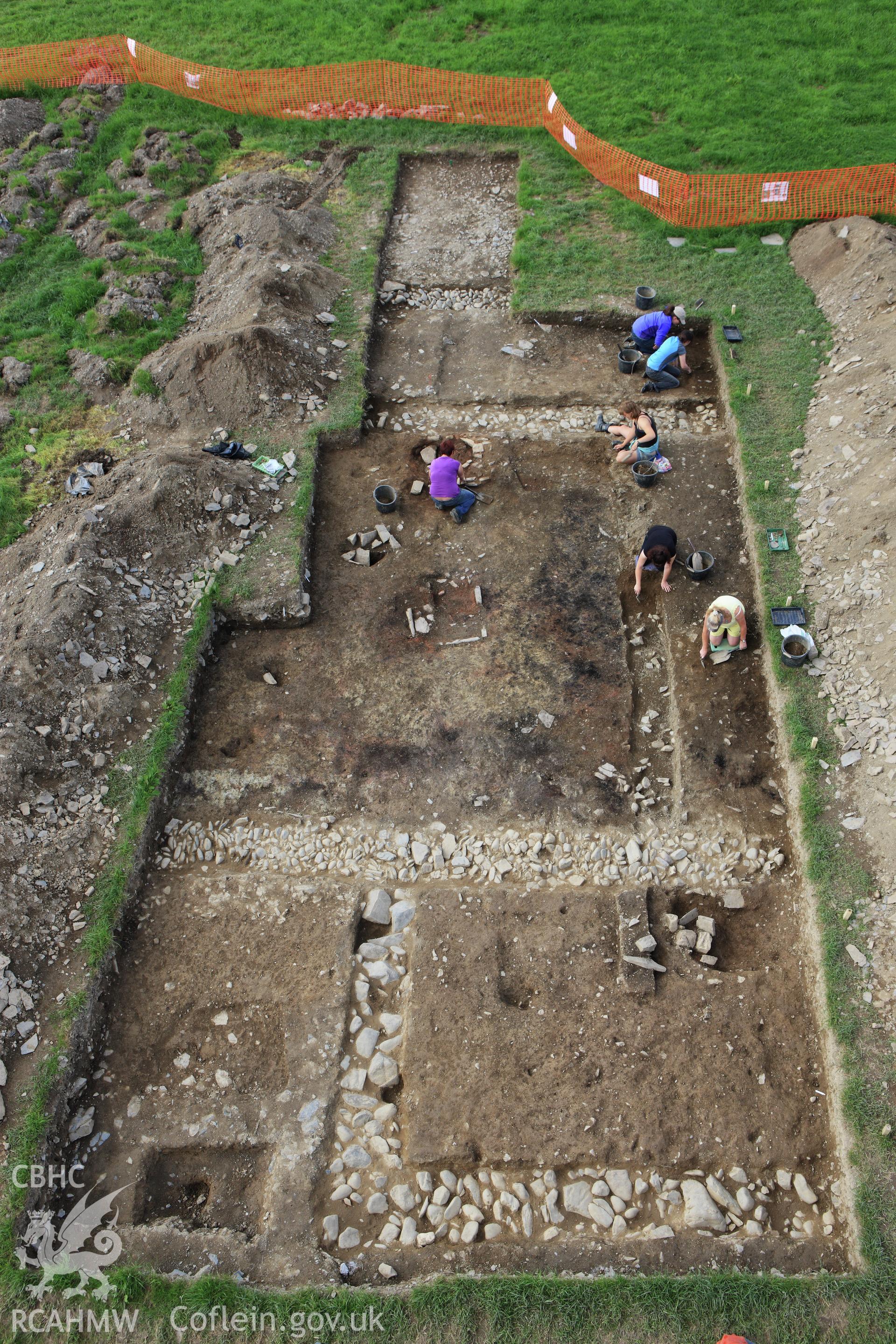 Arch Camb 167 (2018) 143-219. "The Romano-British villa at Abermagwr, Ceredigion: excavations 2010-2015" by Davies and Driver. Fig 6 high view of trenches A and C under excavation, July 2011.