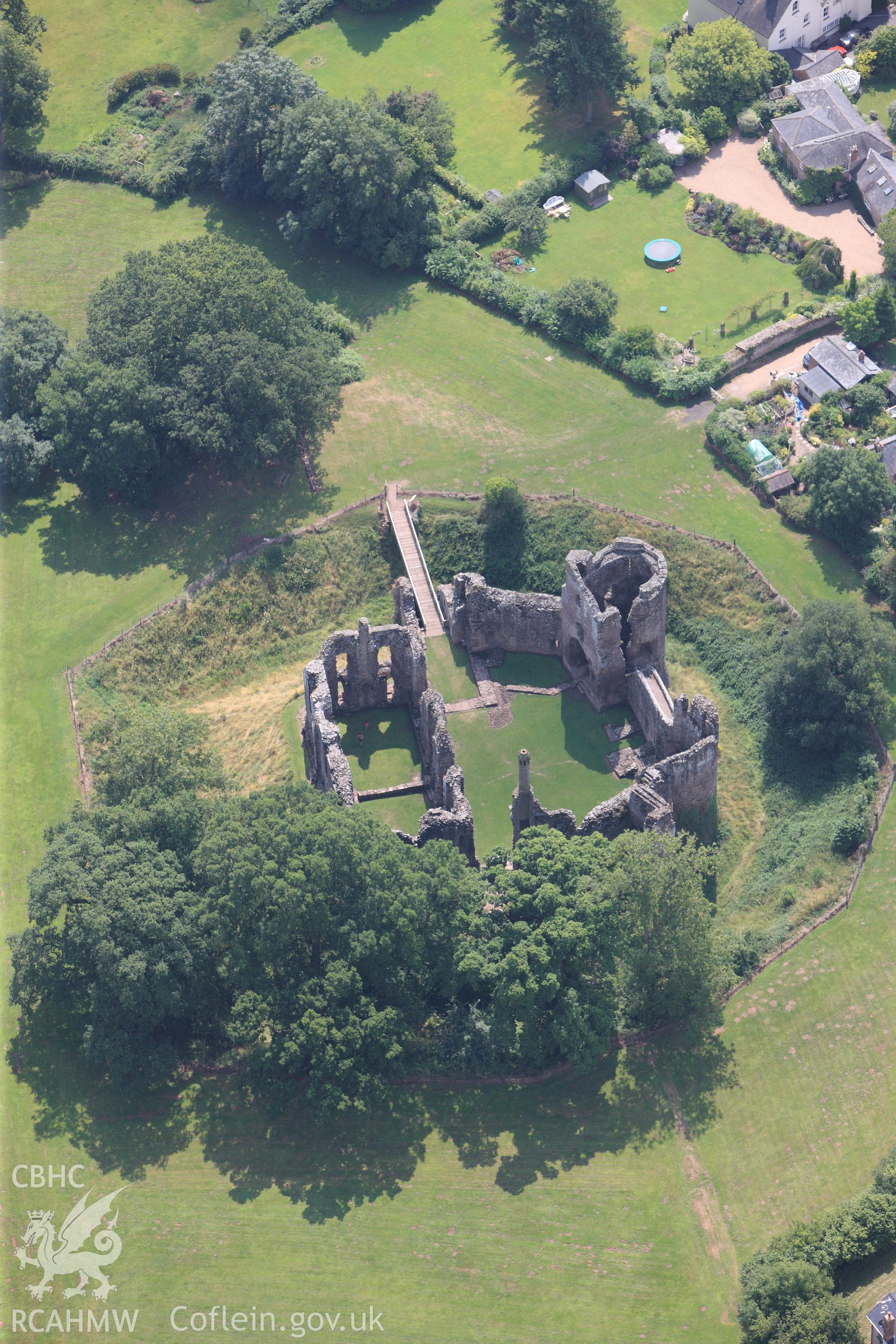 Grosmont Castle, in the town of Grosmont, north east of Abergavenny. Oblique aerial photograph taken during the Royal Commission?s programme of archaeological aerial reconnaissance by Toby Driver on 1st August 2013.