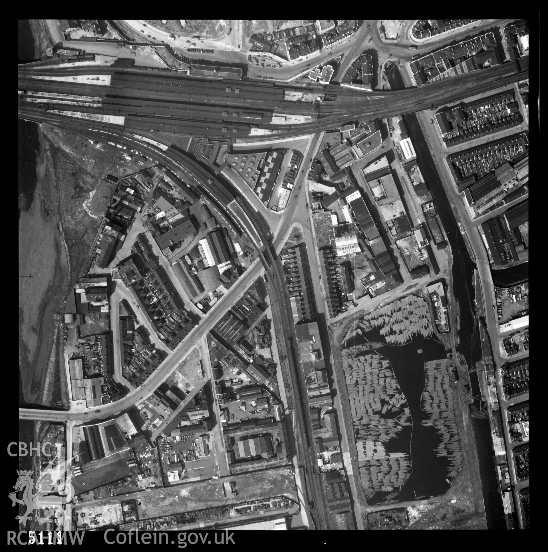 Digital copy of a back and white vertical aerial photograph taken by the RAF in 1948 showing Roath Dock area of Cardiff.