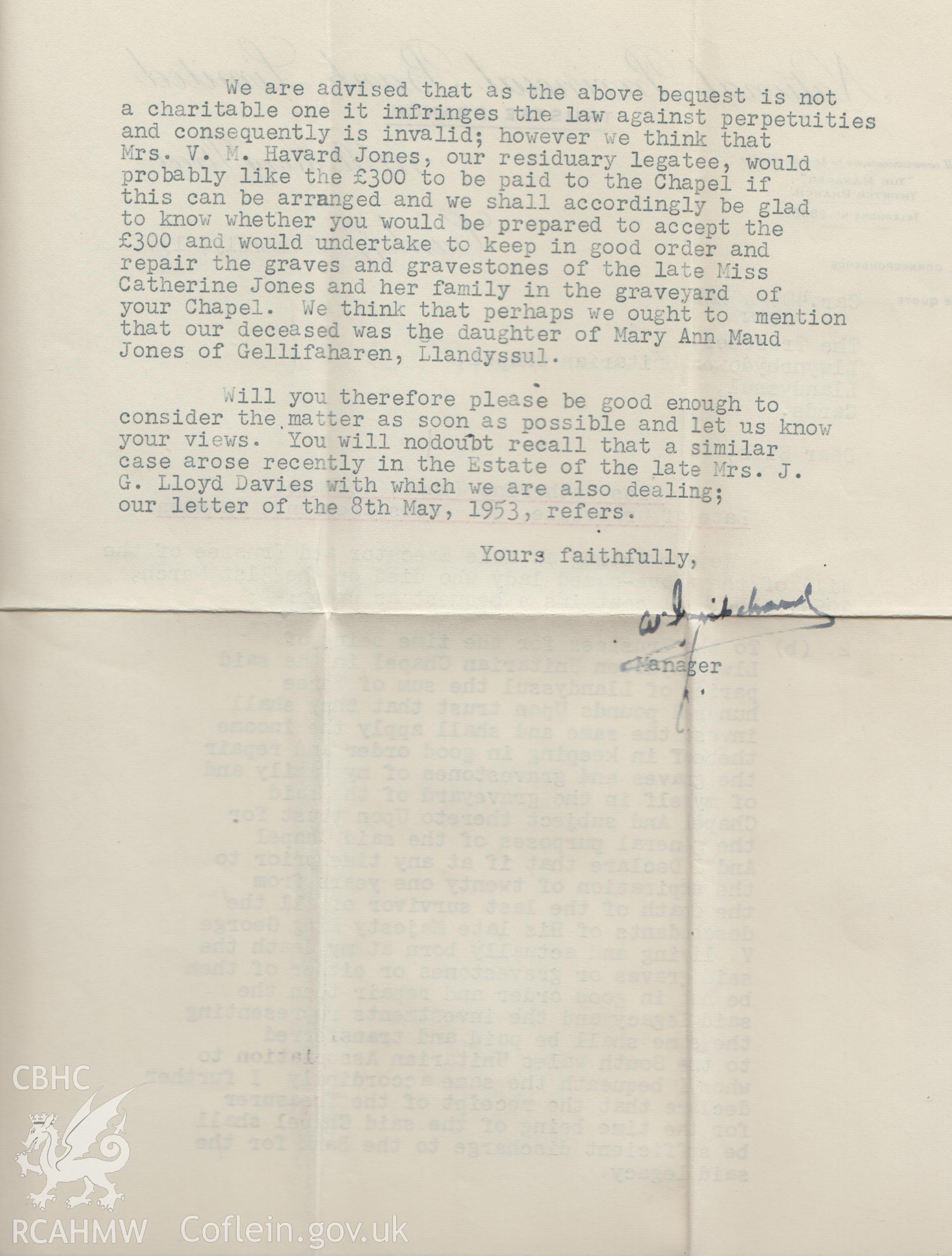 Typed letter regarding bequest from Catherine Jones to Llwynrhydowen for keeping in order graves at Llwynrhydowen chapel. Donated to the RCAHMW during the Digital Dissent Project.