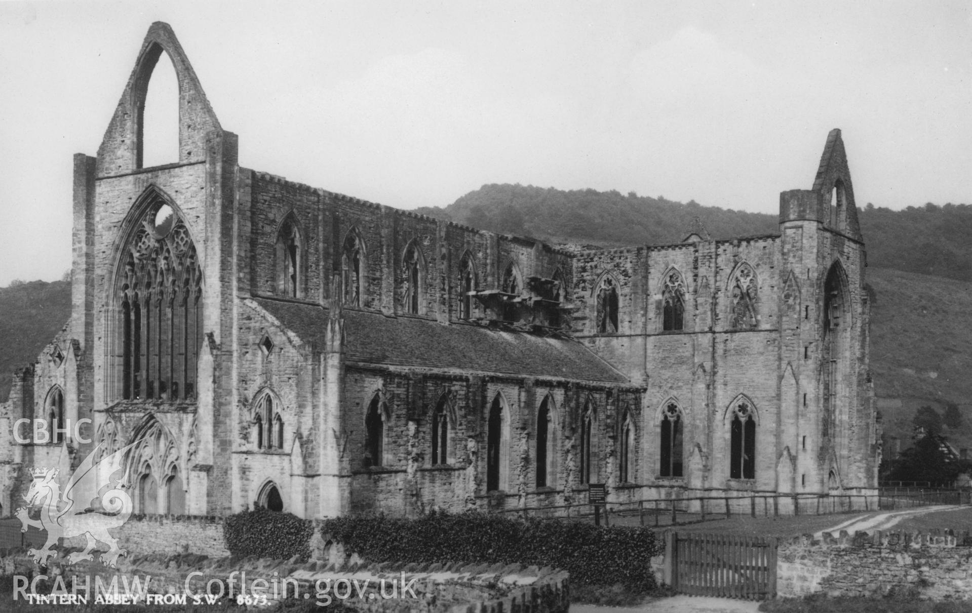 Digital copy of a postcard showing a general view of Tintern Abbey from the southeast, received via Miss D Burn 16.09.1966.