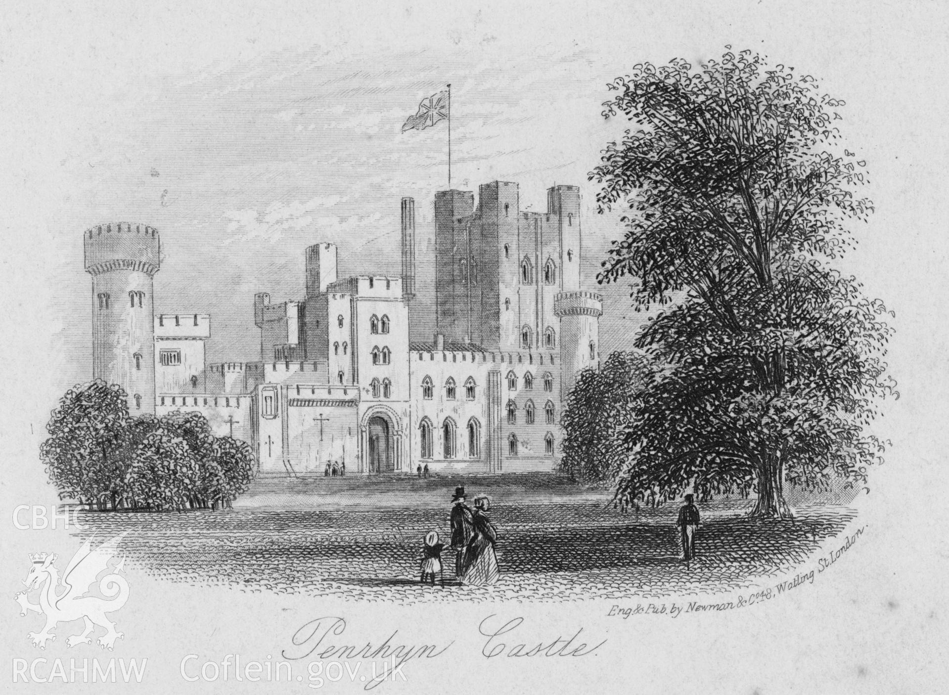 Digital copy of an etching showing view of the entrance to Penrhyn Castle.