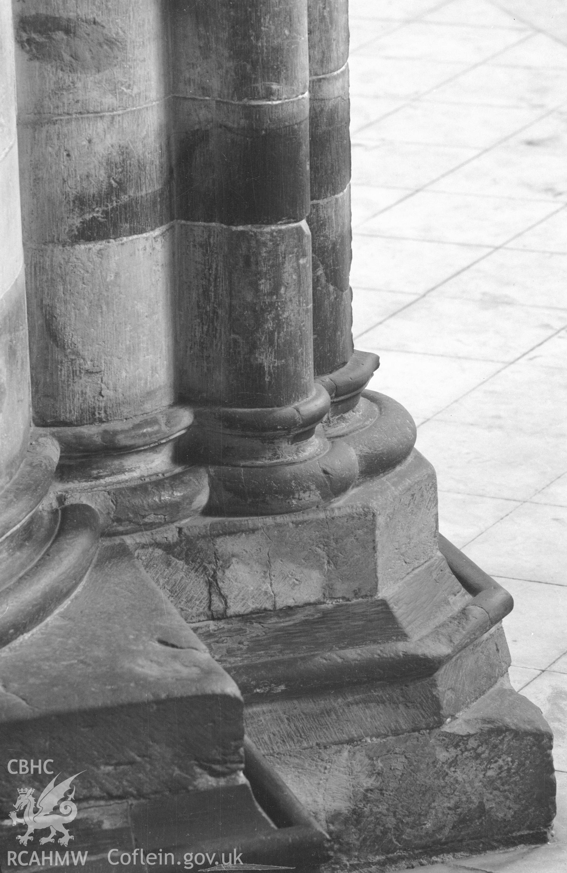 Digital copy of a black and white nitrate negative showing column base at St. David's Cathedral, taken by E.W. Lovegrove, July 1936