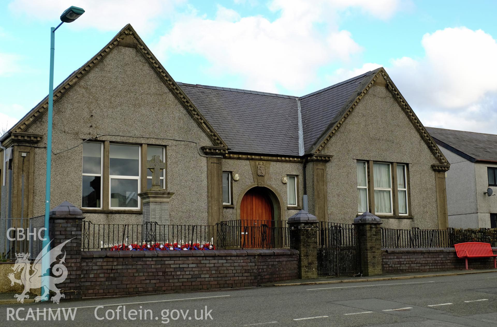 Colour photograph showing view looking north at Carnegie Library, Deiniolen, produced by Richard Hayman 2nd February 2017