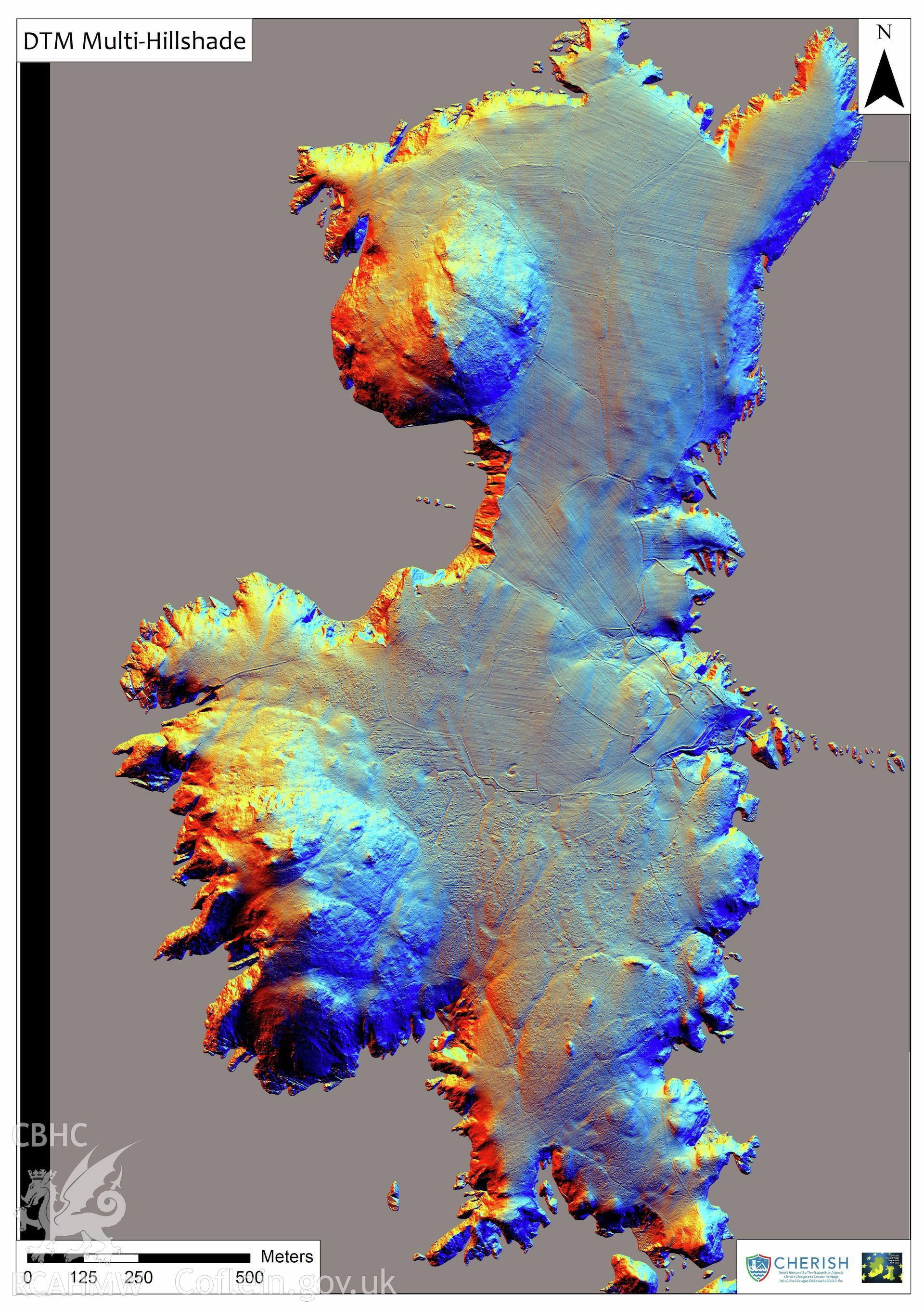 Ramsey Island. Airborne laser scanning (LiDAR) commissioned by the CHERISH Project 2017-2021, flown by Bluesky International LTD at low tide on 24th February 2017. View showing Digital Terrain Model (DTM) of the entire island with multi-hill shading.