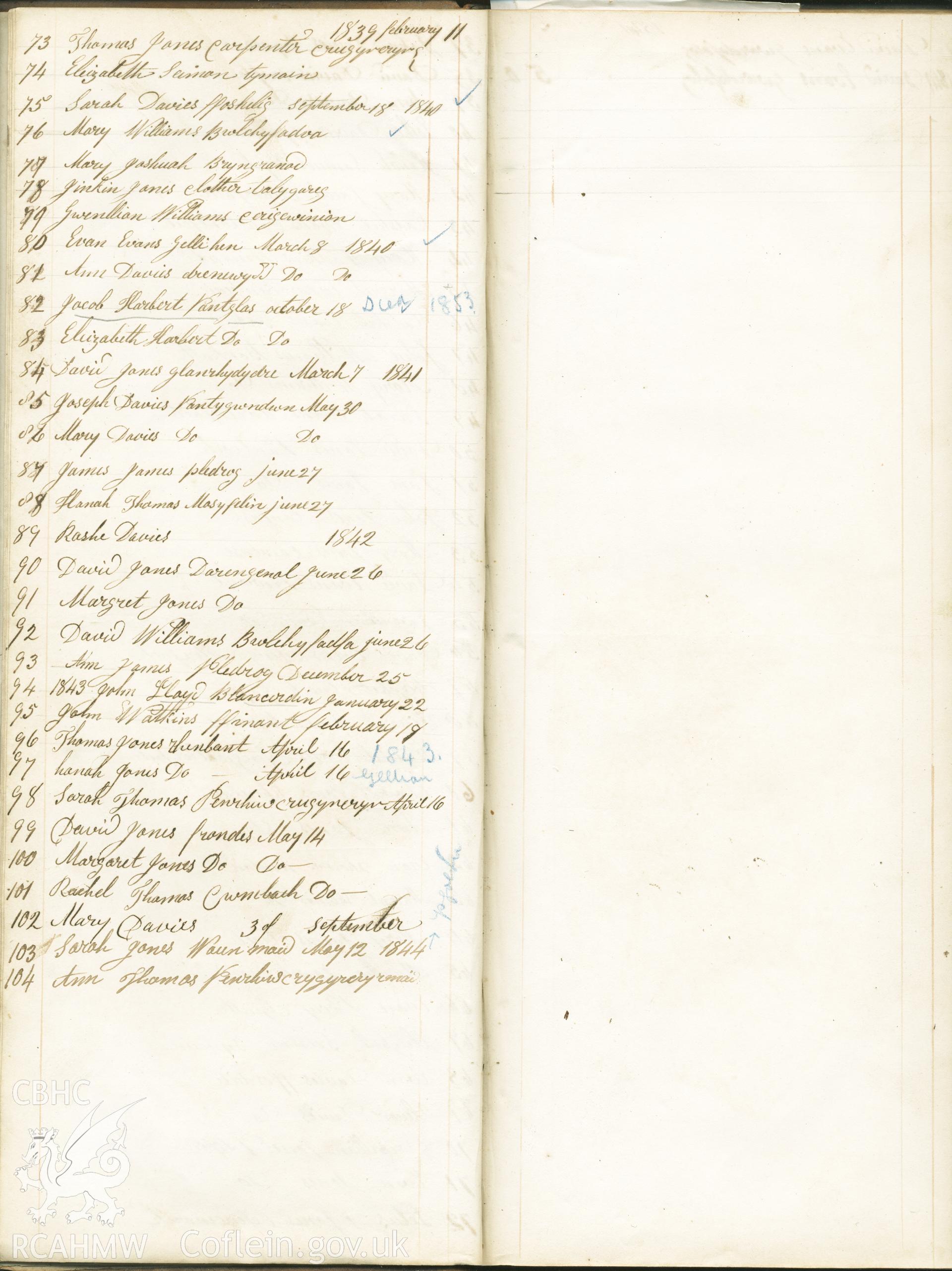 Page from handwritten Subscriber's book for yr Hen Gapel, Rhydowen. Names on this page begin with 1839 February 73. Thomas Jones Canpenter Crugyreryr and end with 104. Ann Thomas Penrhiw Crygyreryr. Donated to the RCAHMW as part of the Digital Dissent Project.