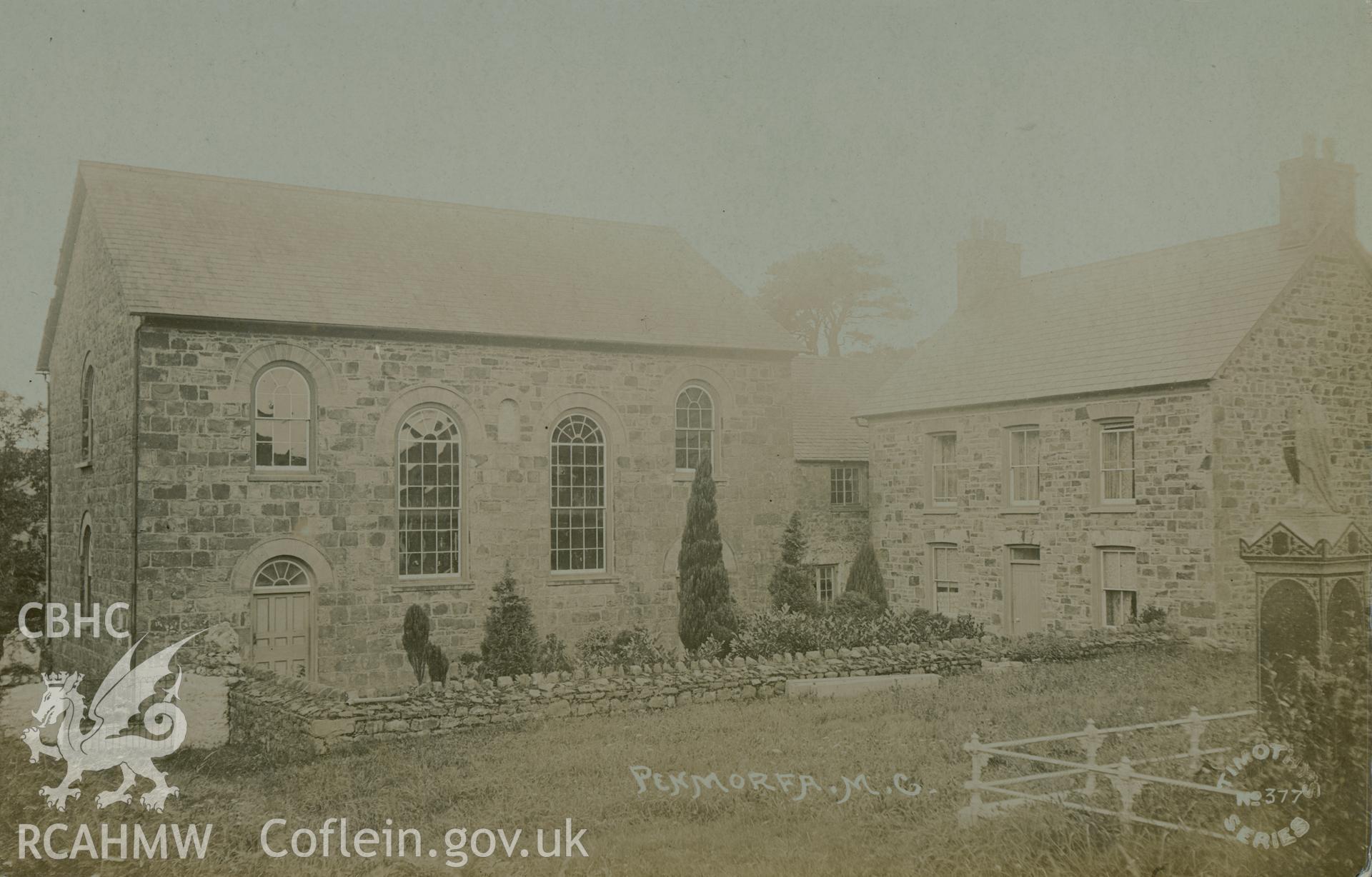 Digital copy of monochrome postcard showing exterior view of Penmorfa Welsh Calvinistic Methodist chapel, Penmorfa, Penbryn. Loaned for copying by Thomas Lloyd.