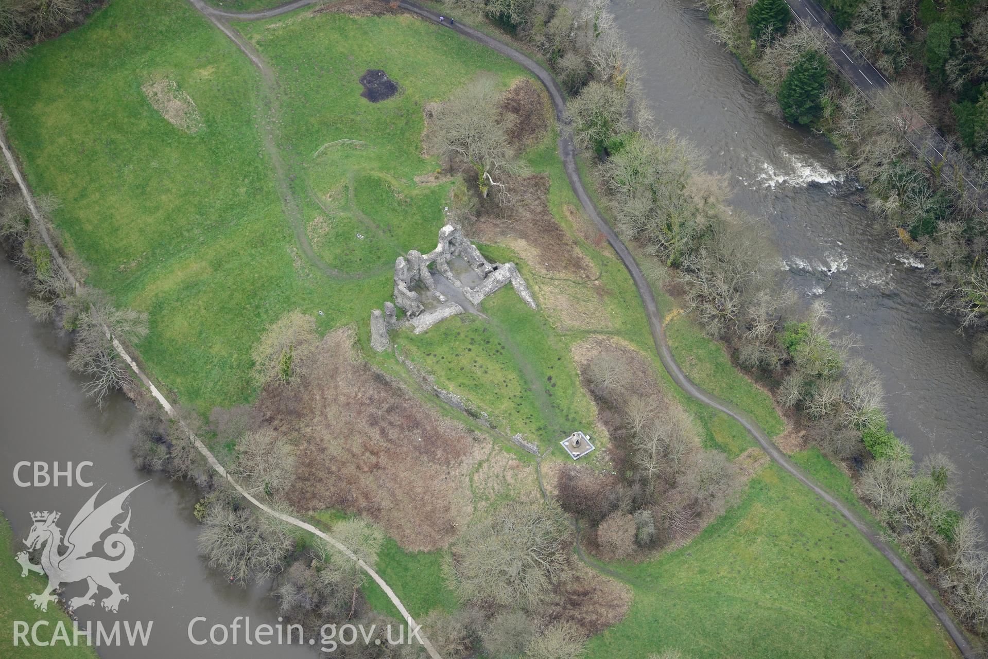 Newcastle Emlyn castle. Oblique aerial photograph taken during the Royal Commission's programme of archaeological aerial reconnaissance by Toby Driver on 13th March 2015.
