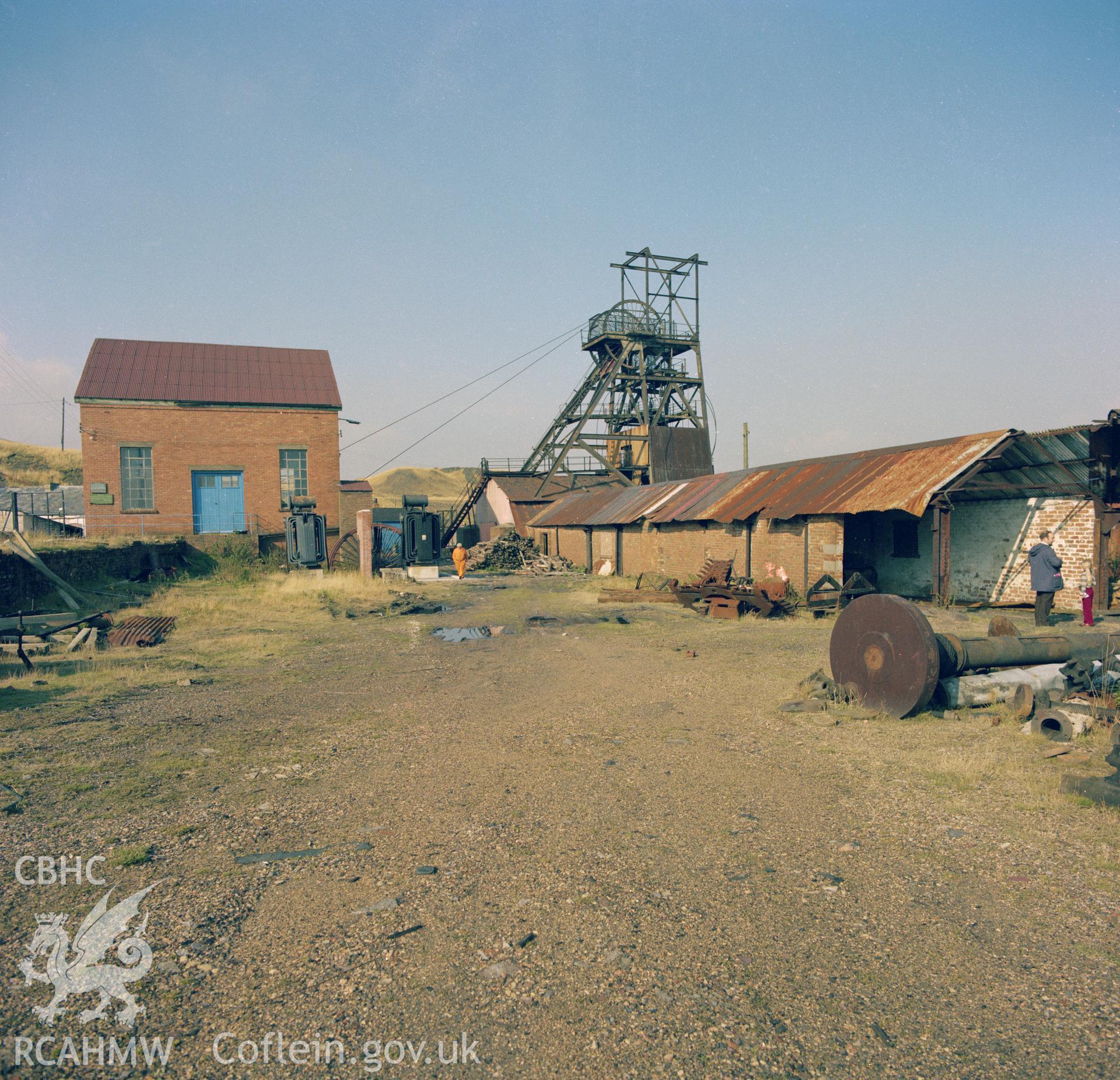 Digital copy of an acetate negative showing pit head, engine house at Big Pit, from the John Cornwell Collection.