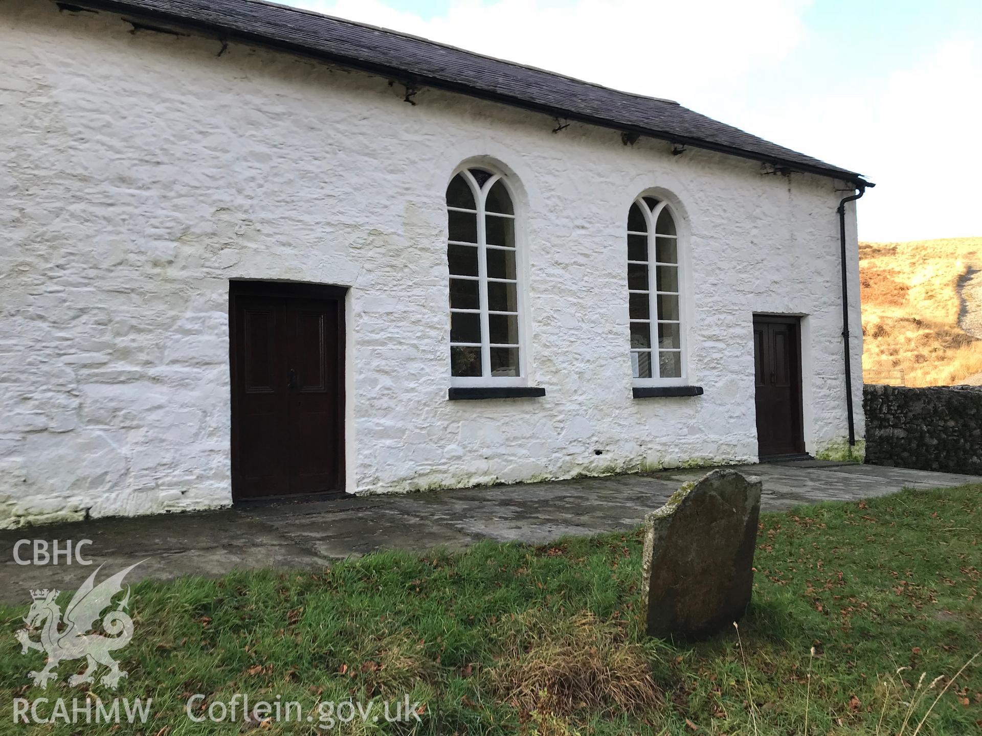 Exterior view showing side elevation of Soar-y-Mynydd Welsh Calvinistic Methodist chapel, Llanddewi Brefi. Colour photograph taken by Paul R. Davis on 17th November 2018.