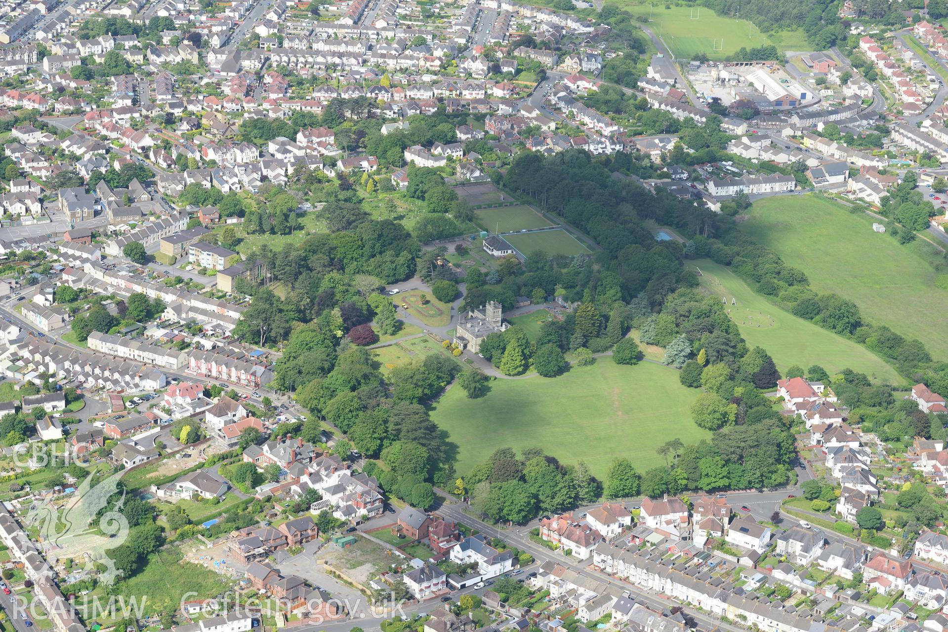Bryncaerau Castle (now Parc Howard Museum); Parc Howard Gardens and the grounds and gardens of Bryncaerau, on the north western outskirts of Llanelli. Oblique aerial photograph taken during the Royal Commission's programme of archaeological aerial reconnaissance by Toby Driver on 19th June 2018