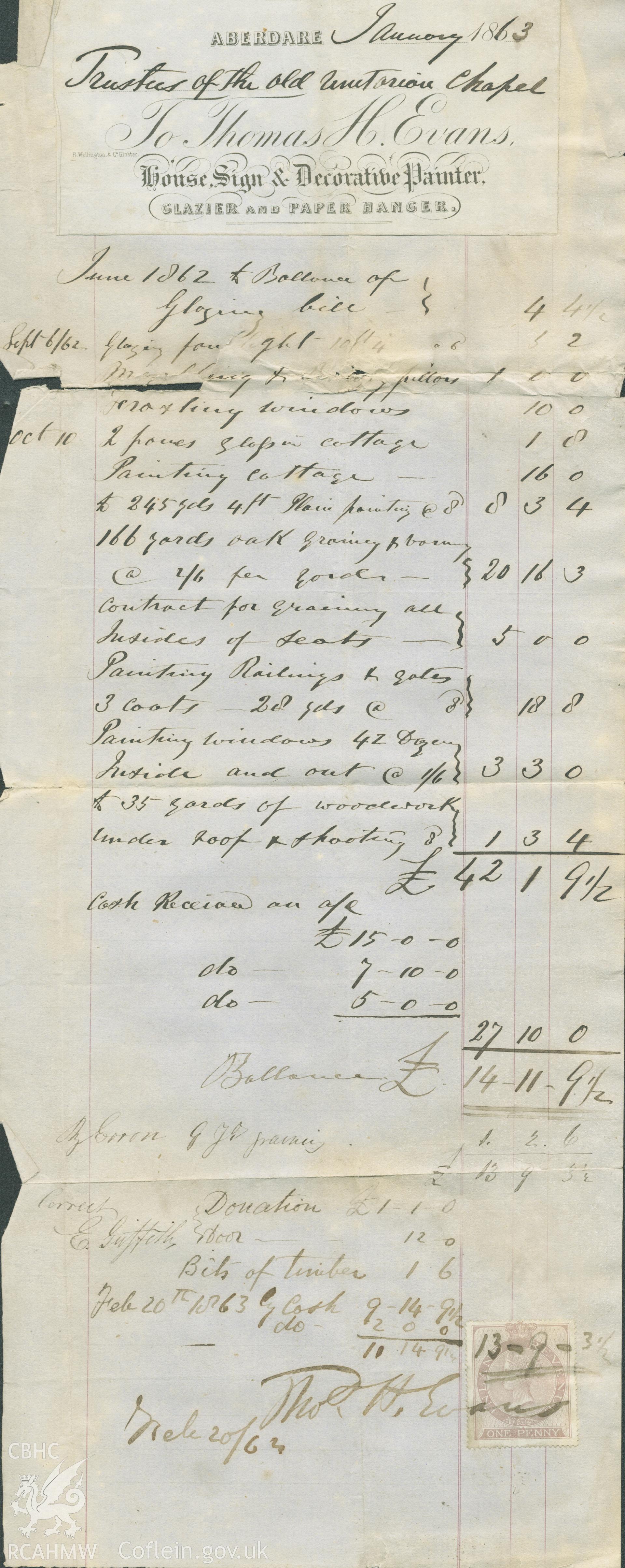 Handwritten list of Trustees of yr Hen Dy Cwrdd, Aberdare, January 1863. Donated by the Rev. Eric Jones to the RCAHMW as part of the Digital Dissent Project.