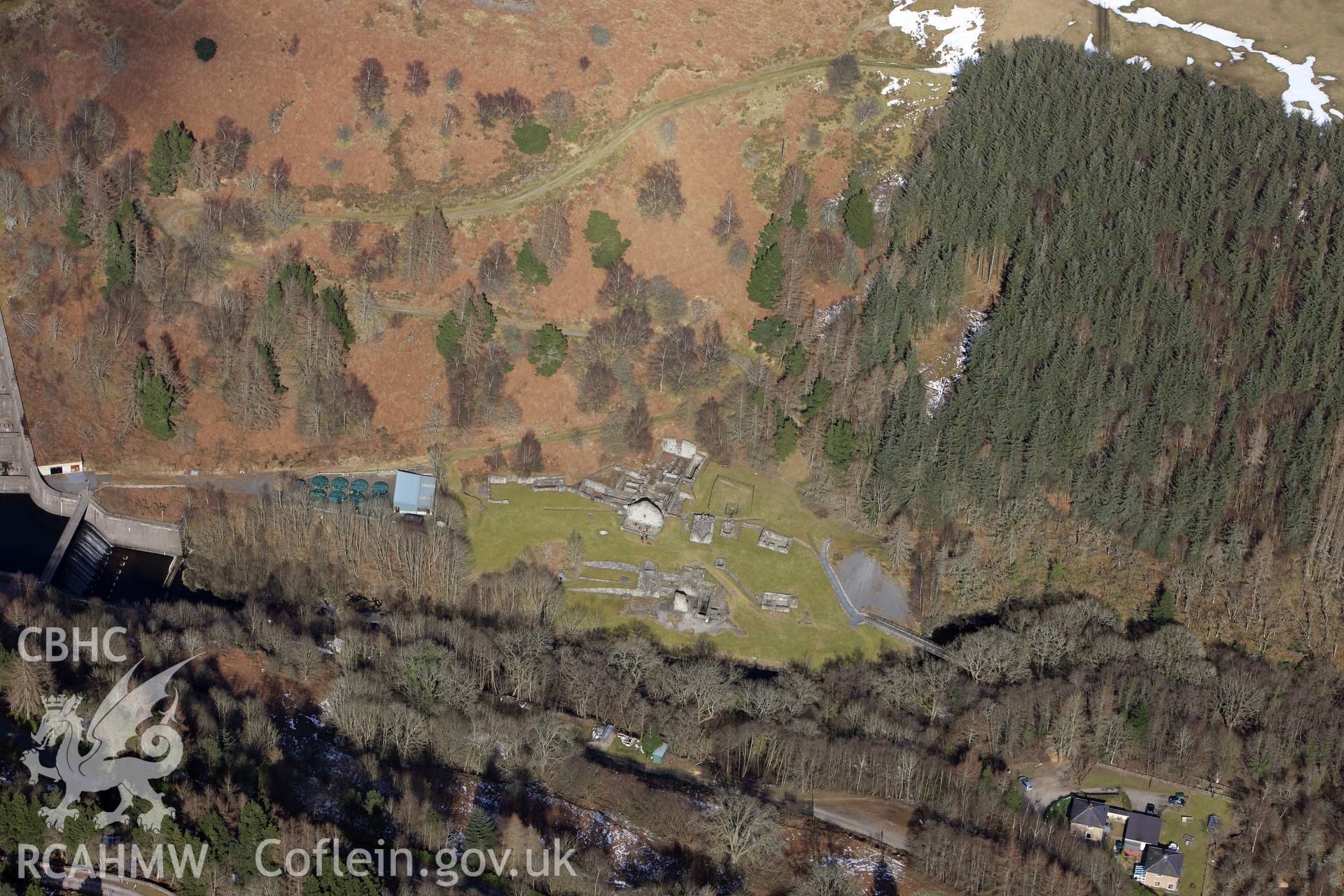 Bryntail lead mine, north west of Llanidloes. Oblique aerial photograph taken during the Royal Commission's programme of archaeological aerial reconnaissance by Toby Driver on 2nd April 2013.