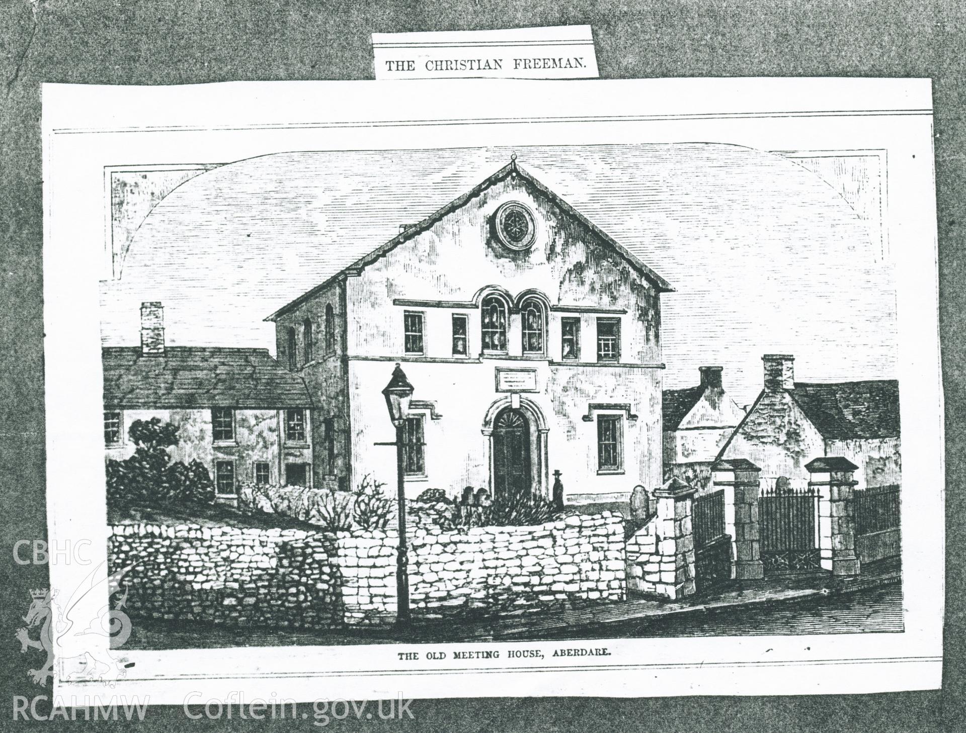 Undated print depicting 'The Old Meeting House, Aberdare'. Donated to the RCAHMW during the Digital Dissent Project.