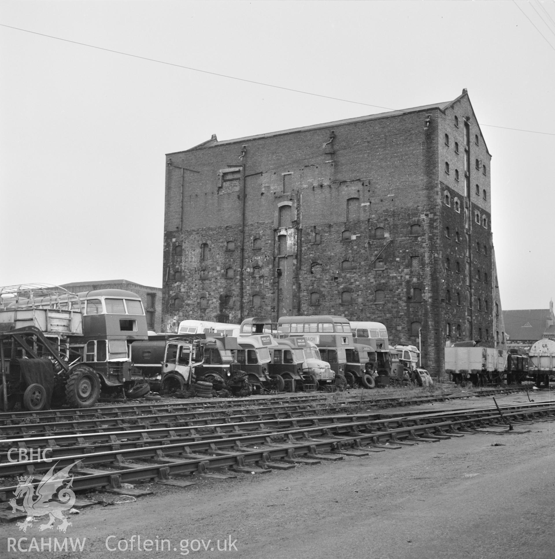 Digital copy of a black and white negative showing warehouse in Bute East Basin.