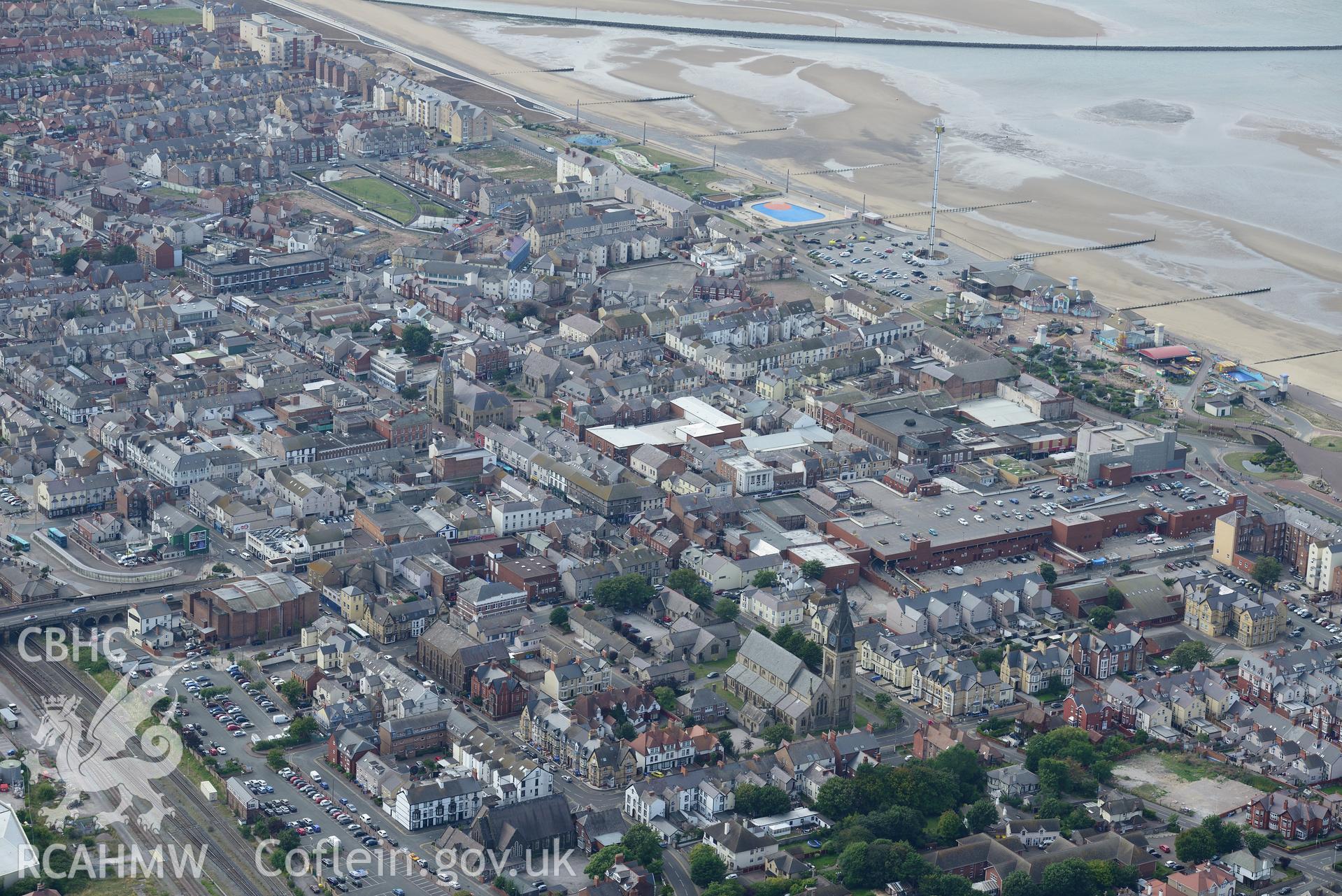 Odeon Cinema, the Town Hall and the parish church of St. Thomas, Rhyl. Oblique aerial photograph taken during the Royal Commission's programme of archaeological aerial reconnaissance by Toby Driver on 11th September 2015.
