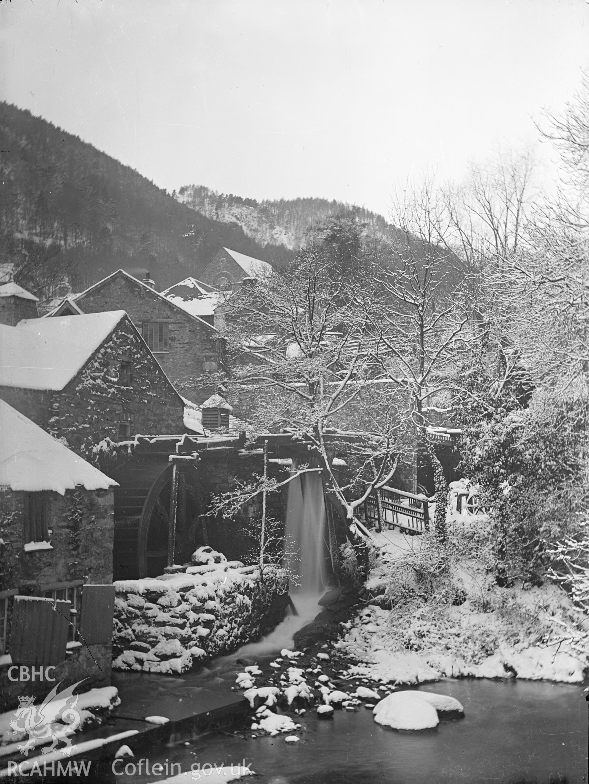 Digital copy of a glass plate showing view of a watermill in the Fairy Glen at Trefriw, taken by Manchester-based amateur photographer A. Rothwell, 1890-1910