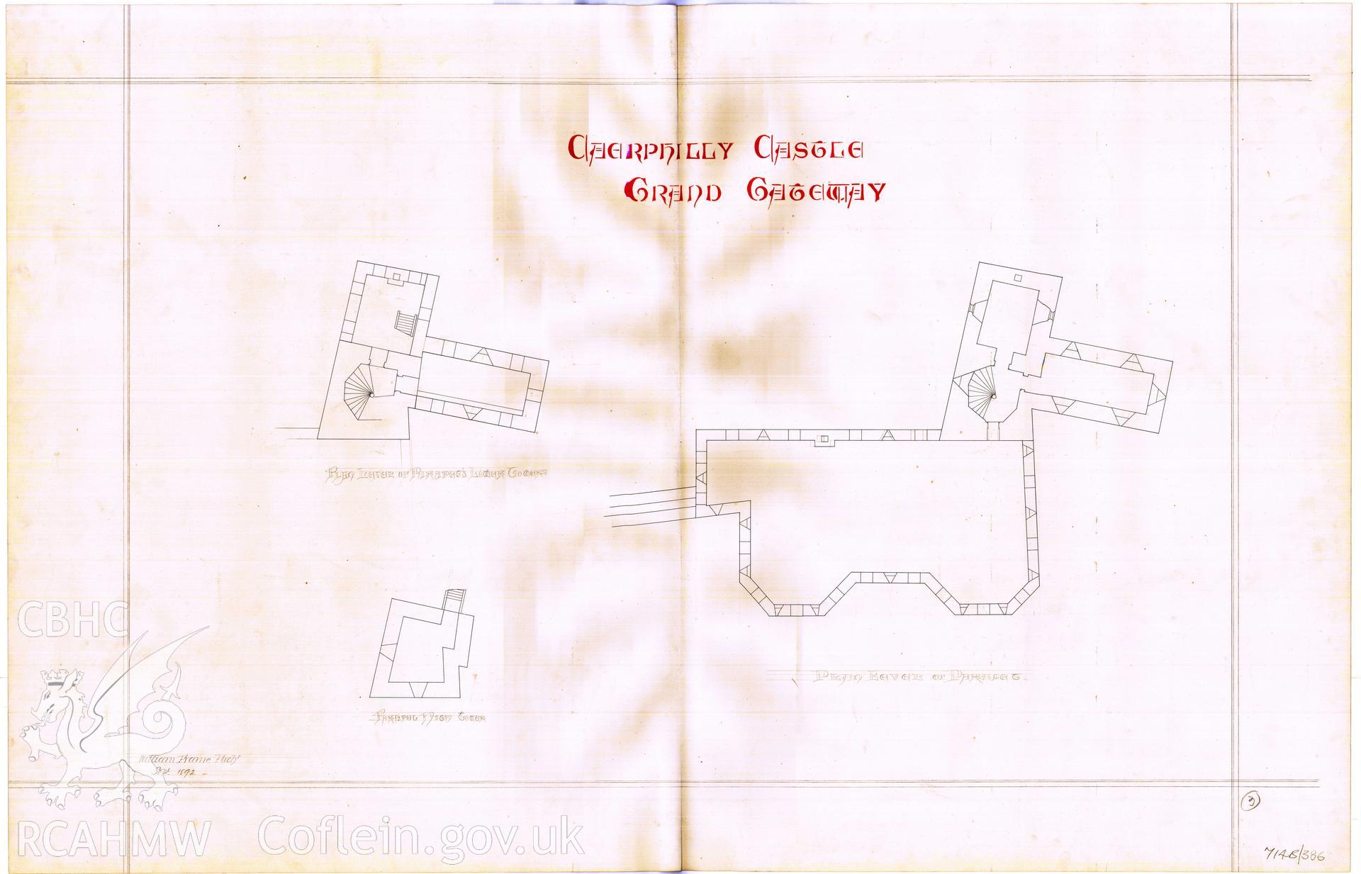 Cadw guardianship monument drawing of Caerphilly Castle. Grand Gateway Plans. Cadw Ref. No:714B/386. Scale 1:96.