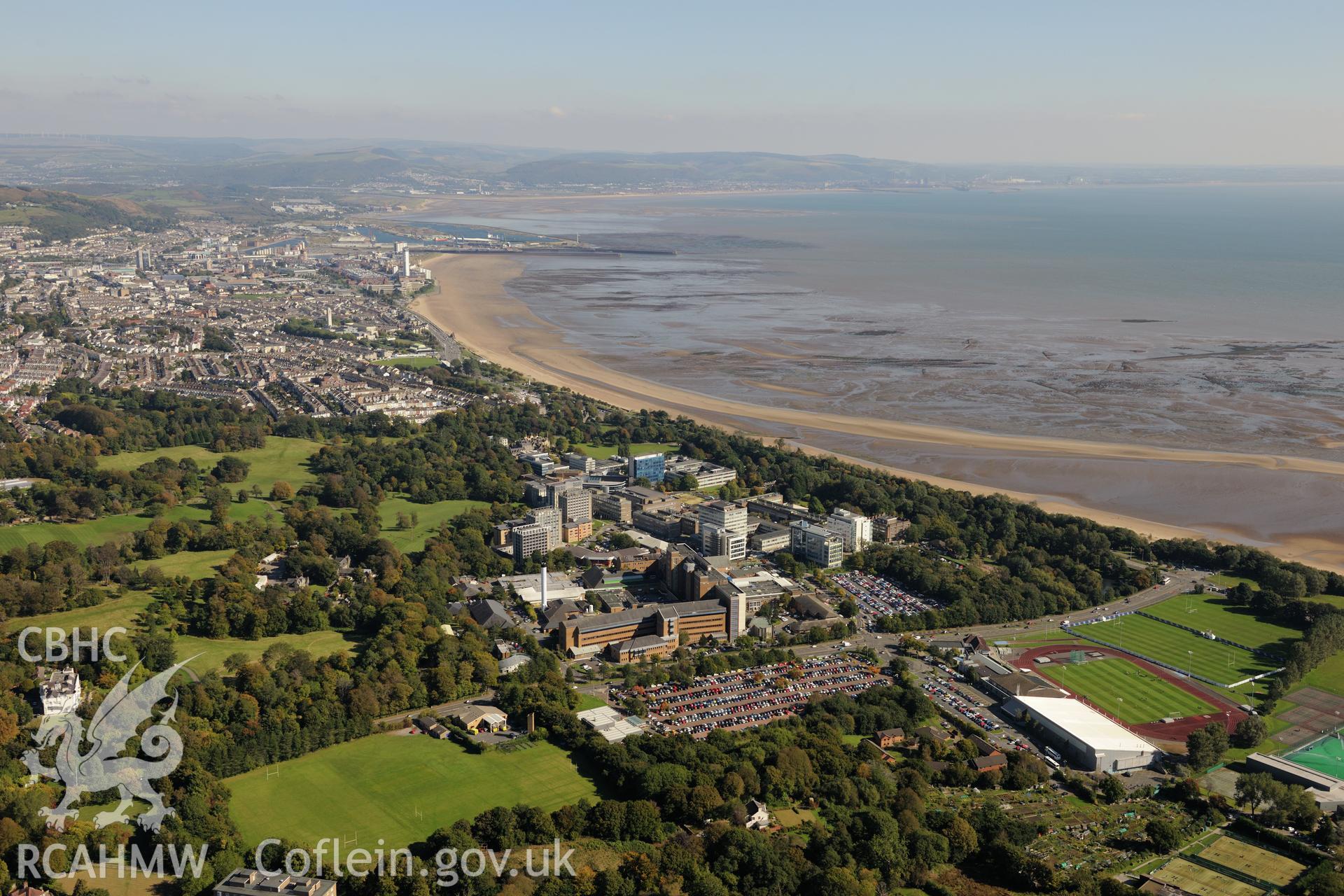 Singleton Park, Singleton Hospital, Swansea University and King George V field, Swansea. Oblique aerial photograph taken during the Royal Commission's programme of archaeological aerial reconnaissance by Toby Driver on 30th September 2015.