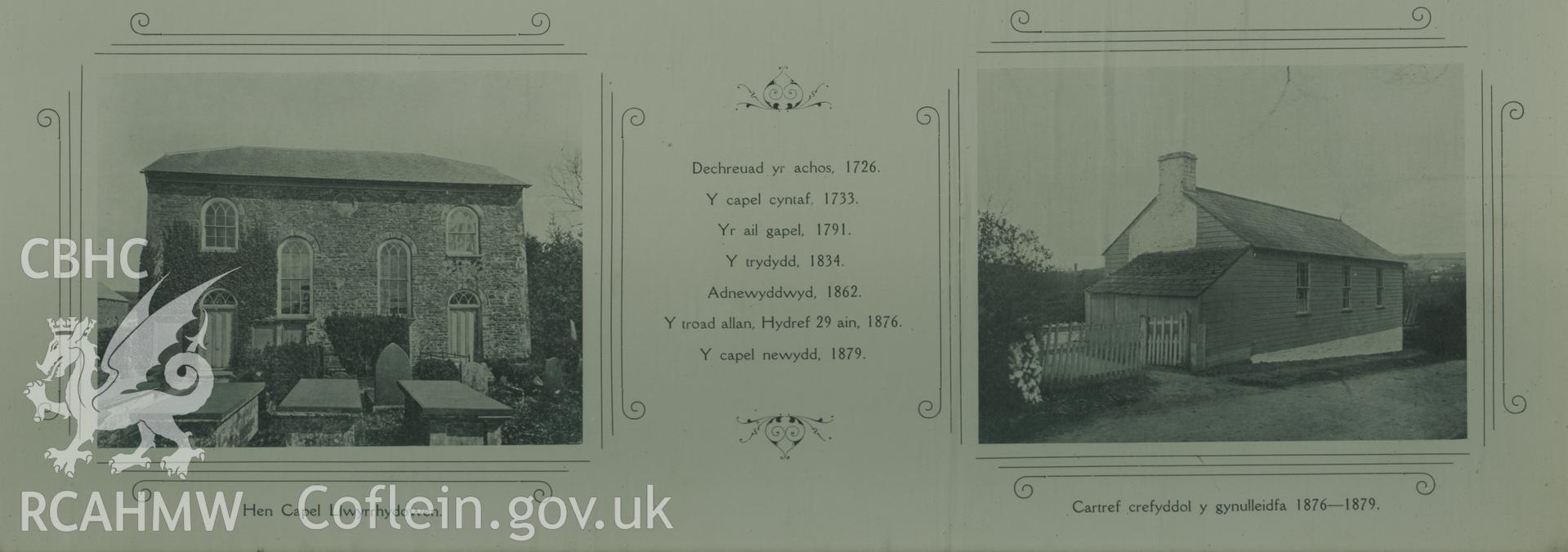 Two black and white photographs showing (from left to right) Hen Capel Llwyrrhydowen and 'the congregation's spiritual home 1876-1879. Important dates in the congregation's history between the photographs. Donated to RCAHMW during the Digital Dissent Project.
