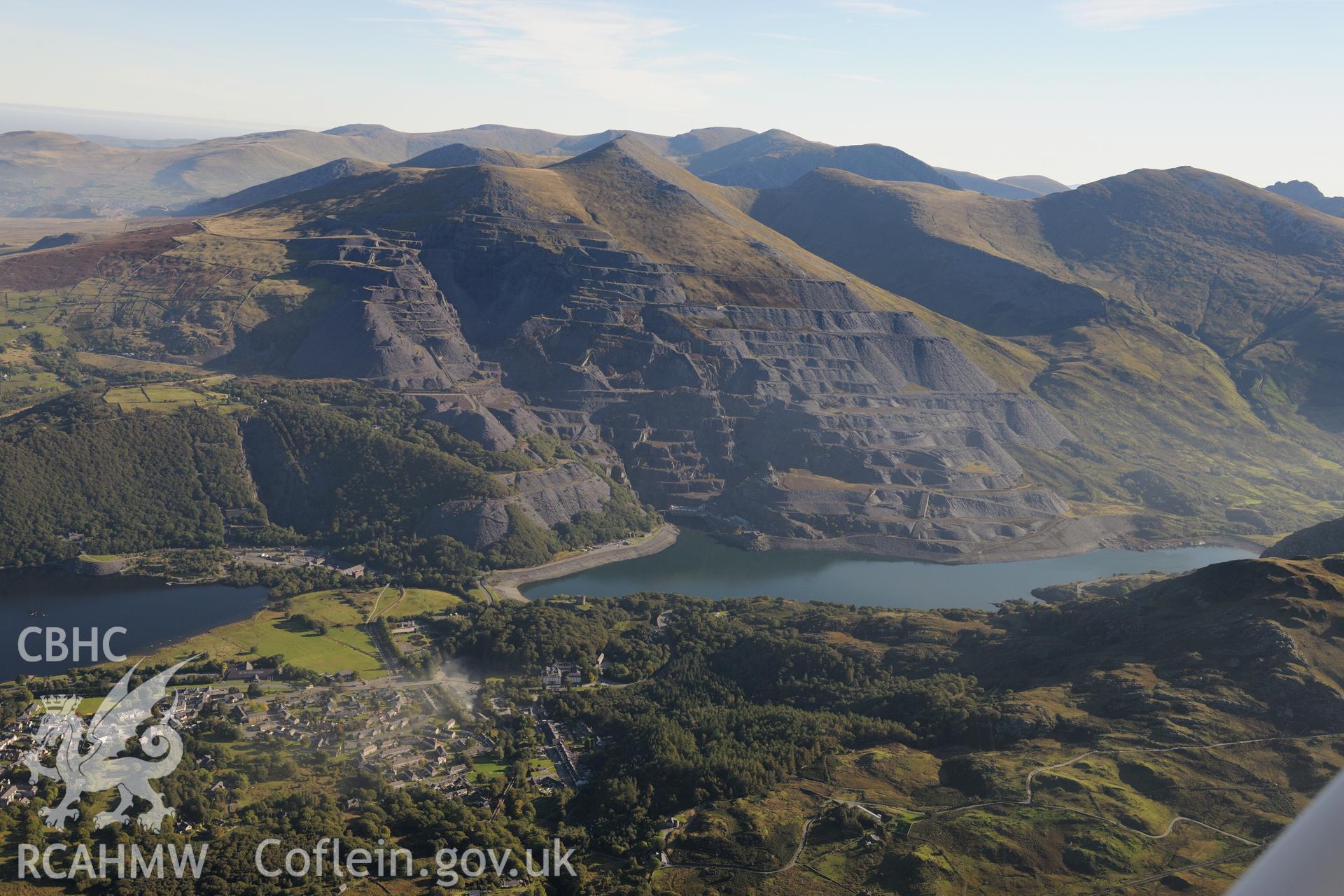 Dinorwic slate quarry and the town of Llanberis. Oblique aerial photograph taken during the Royal Commission's programme of archaeological aerial reconnaissance by Toby Driver on 2nd October 2015.