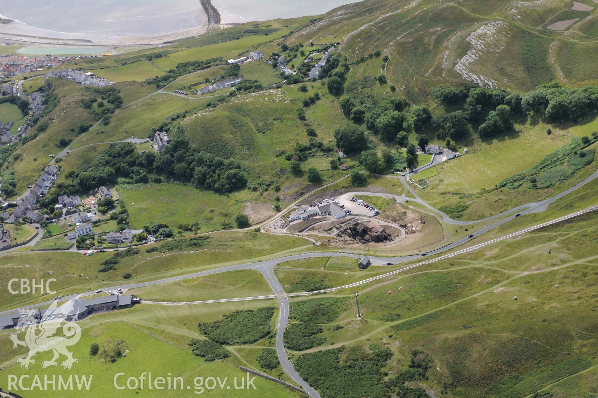 Great Orme Copper Mine, tramway and burial chamber. Oblique aerial photograph taken during the Royal Commission's programme of archaeological aerial reconnaissance by Toby Driver on 30th July 2015.