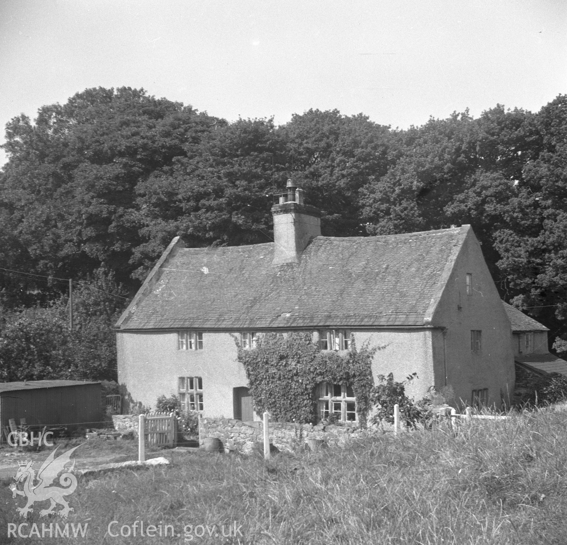 Digital copy of a black and white nitrate negative, exterior view of front elevation of Coed-y-Cra Uchaf.