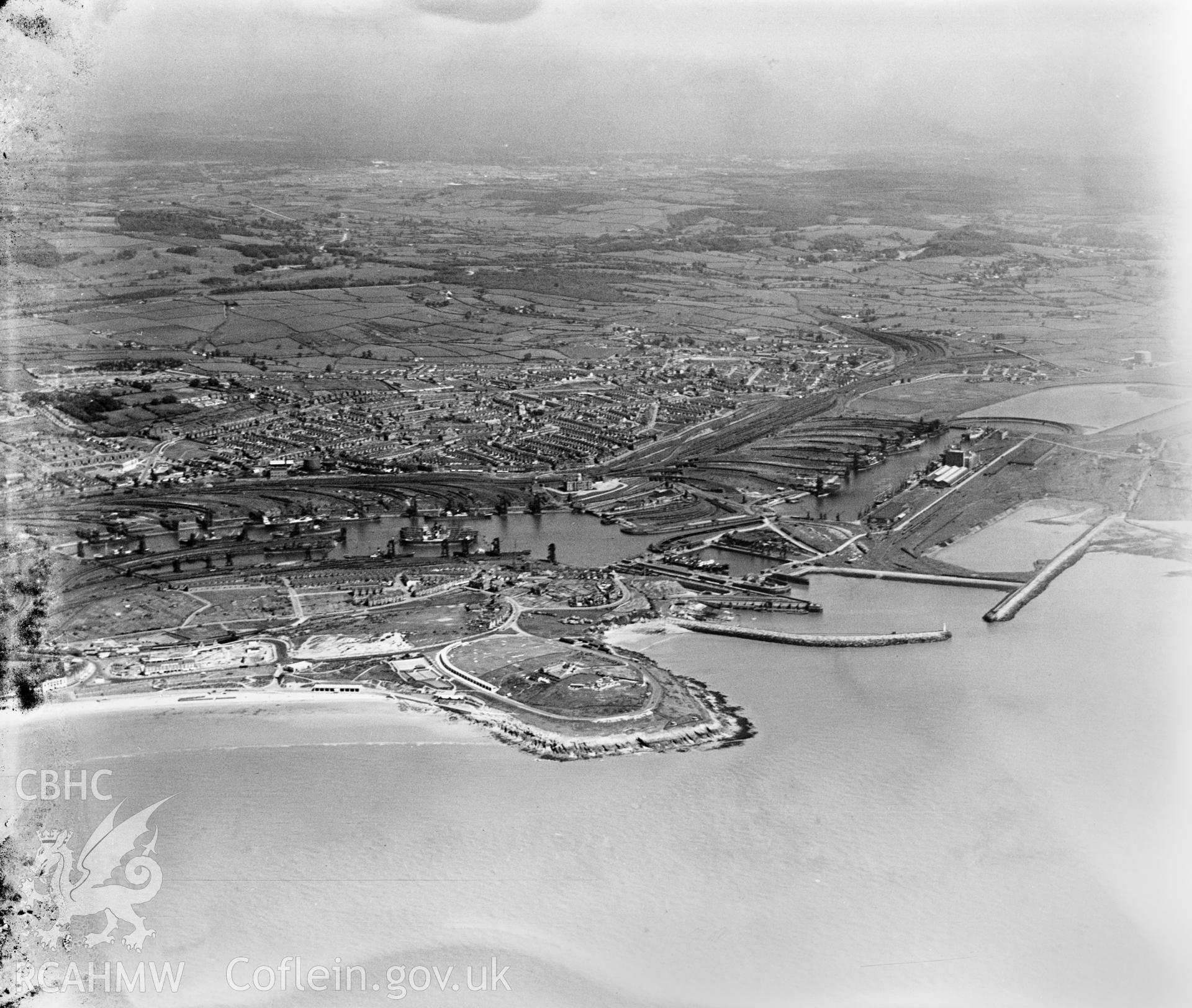 General view of Barry Docks, oblique aerial view. 5?x4? black and white glass plate negative.