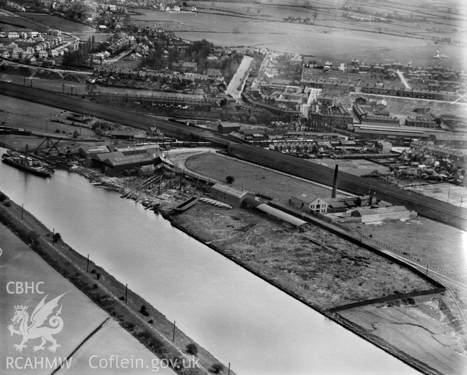 View of Crichton's shipyard, Saltney, oblique aerial view. 5?x4? black and white glass plate negative.