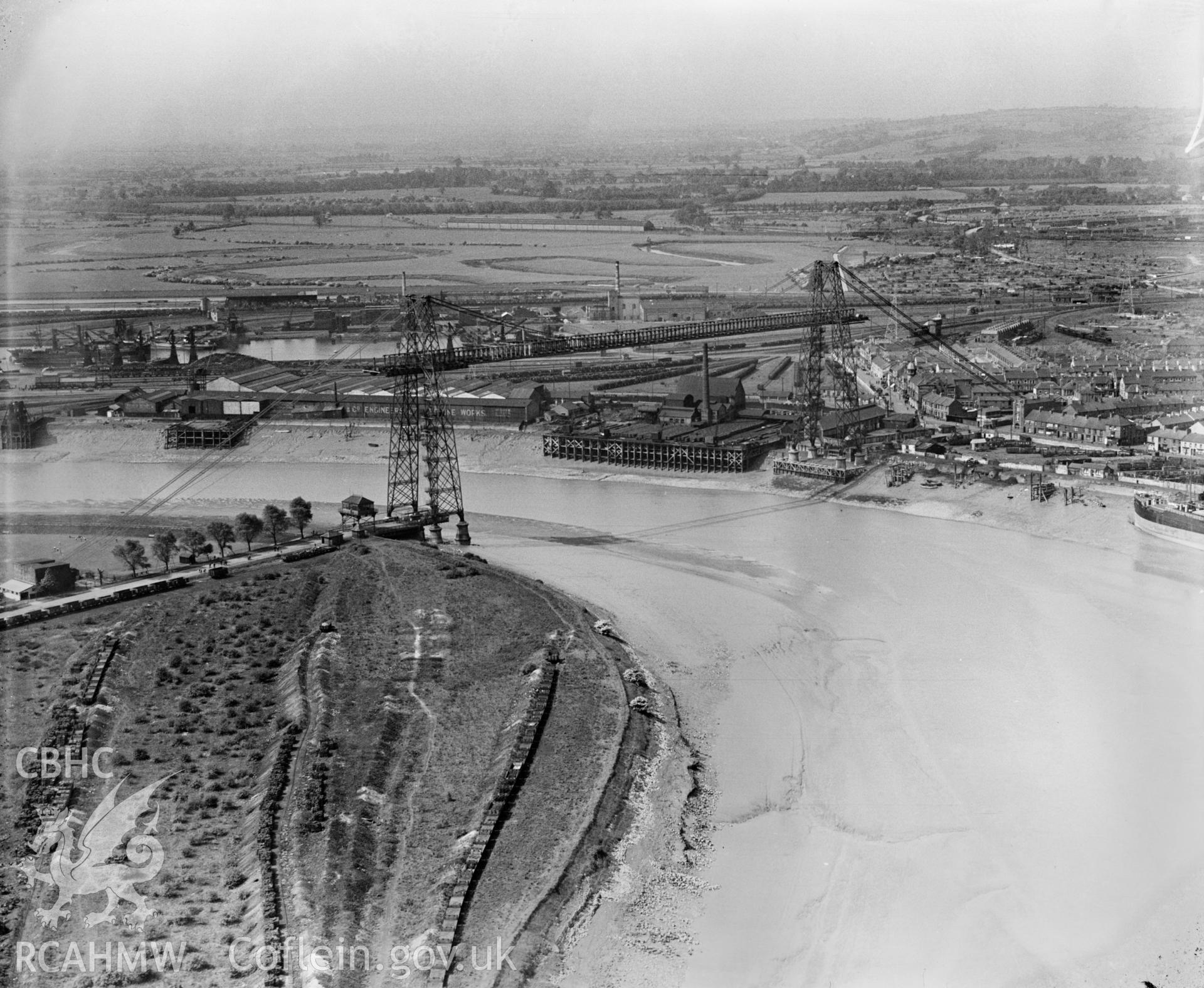 View of Newport Transporter Bridge, oblique aerial view. 5?x4? black and white glass plate negative.