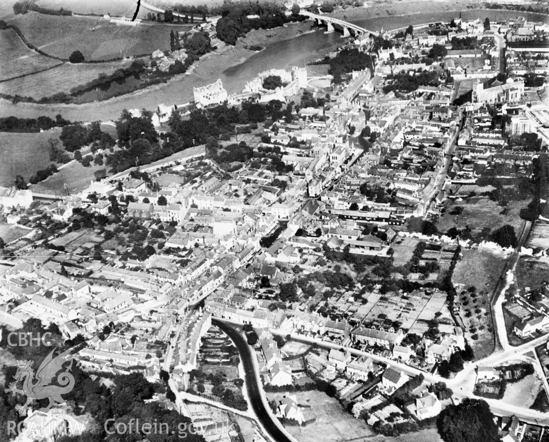 General view of Chepstow showing bridge. Oblique aerial photograph, 5?x4? BW glass plate.
